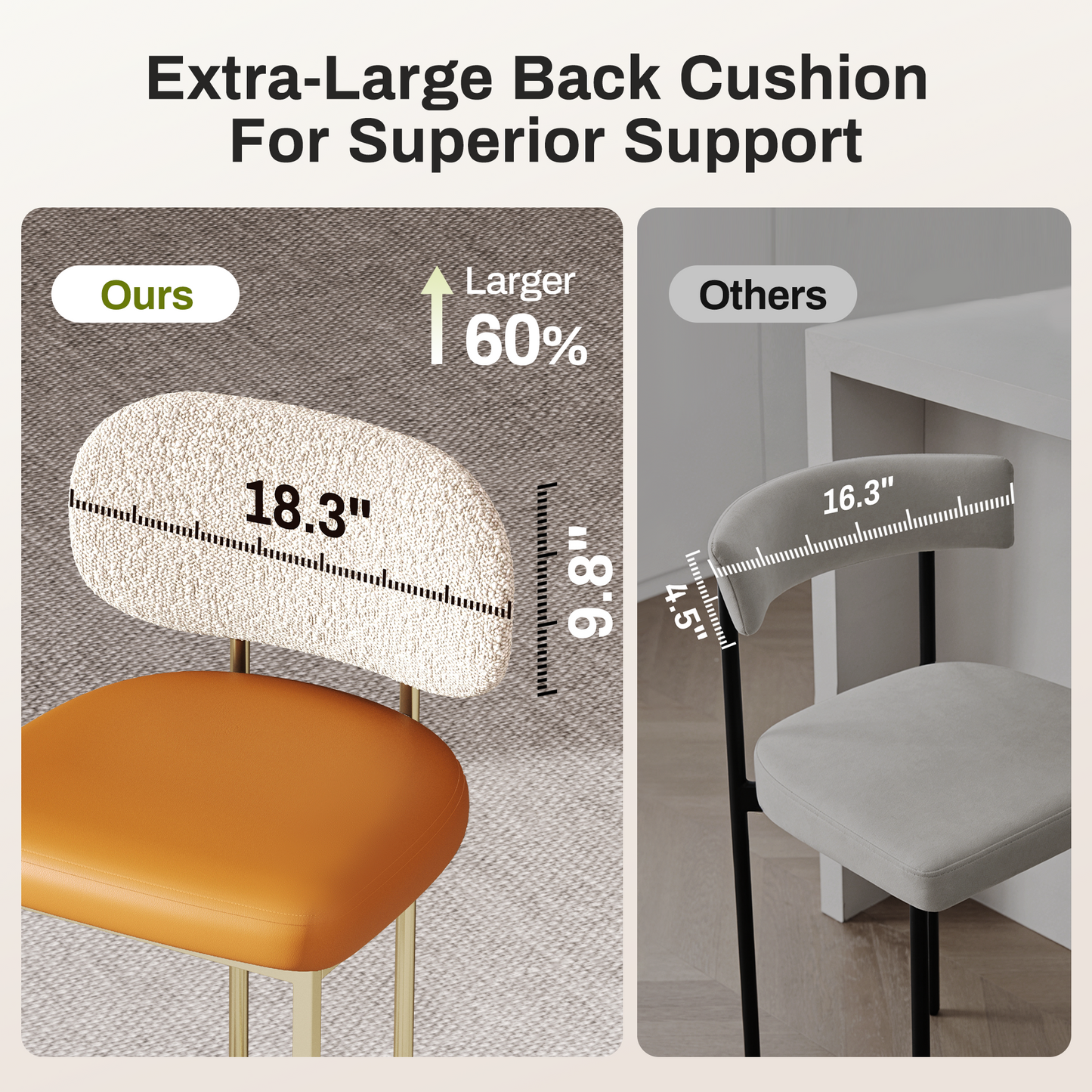 Captiva Designs 24.8 inch Counter Height Bar Stool with Large Chenille Back & PU Leather Seat & Footrest & Adjustable Foot Pad & Sturdy Steel Frame