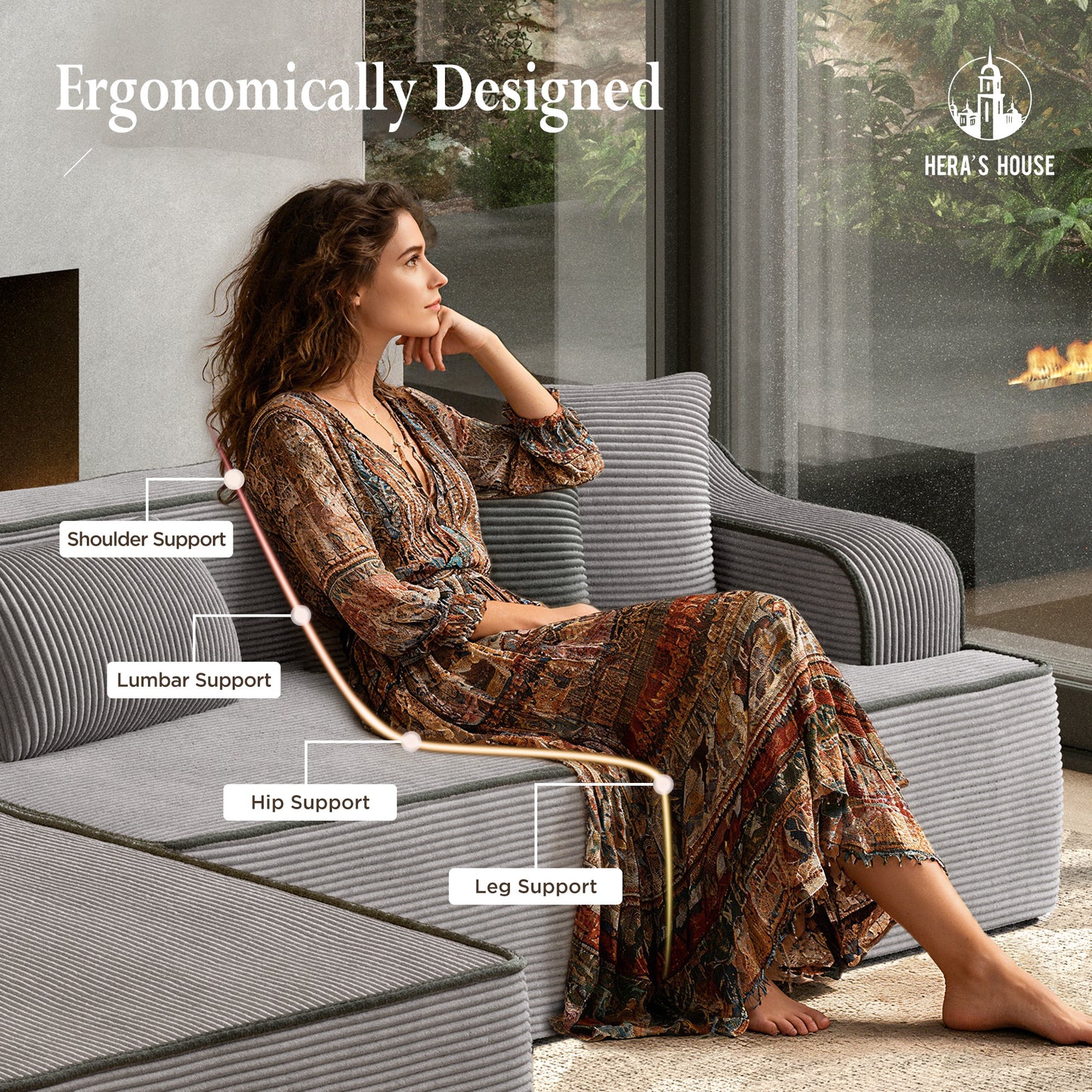 HERA'S HOUSE 105" L Shaped Sectional with Chaise, Living Room Cloud Couch, Corduroy Modular Sofa with Wide Armrest and 5 Pillows, No Assembly, Grey