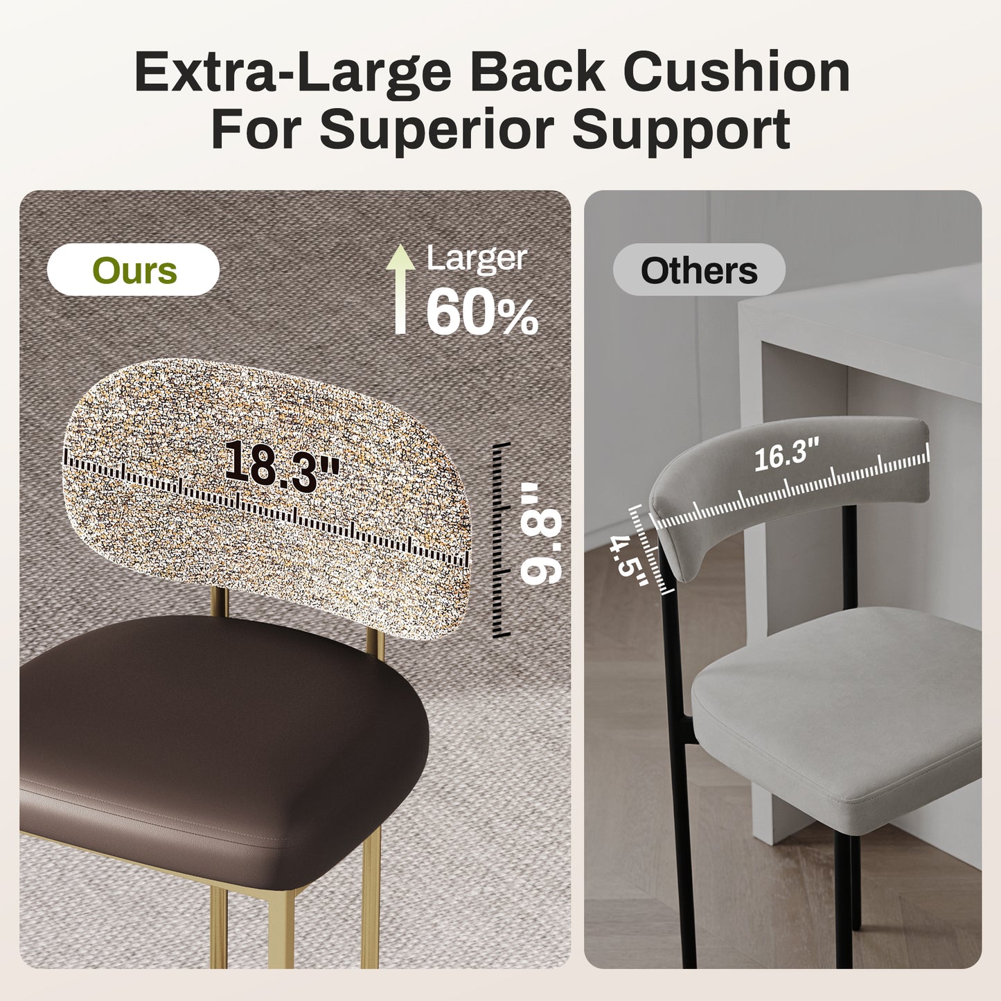 Captiva Designs 24.8 inch Counter Height Bar Stool with Large Chenille Back & PU Leather Seat & Footrest & Adjustable Foot Pad & Sturdy Steel Frame