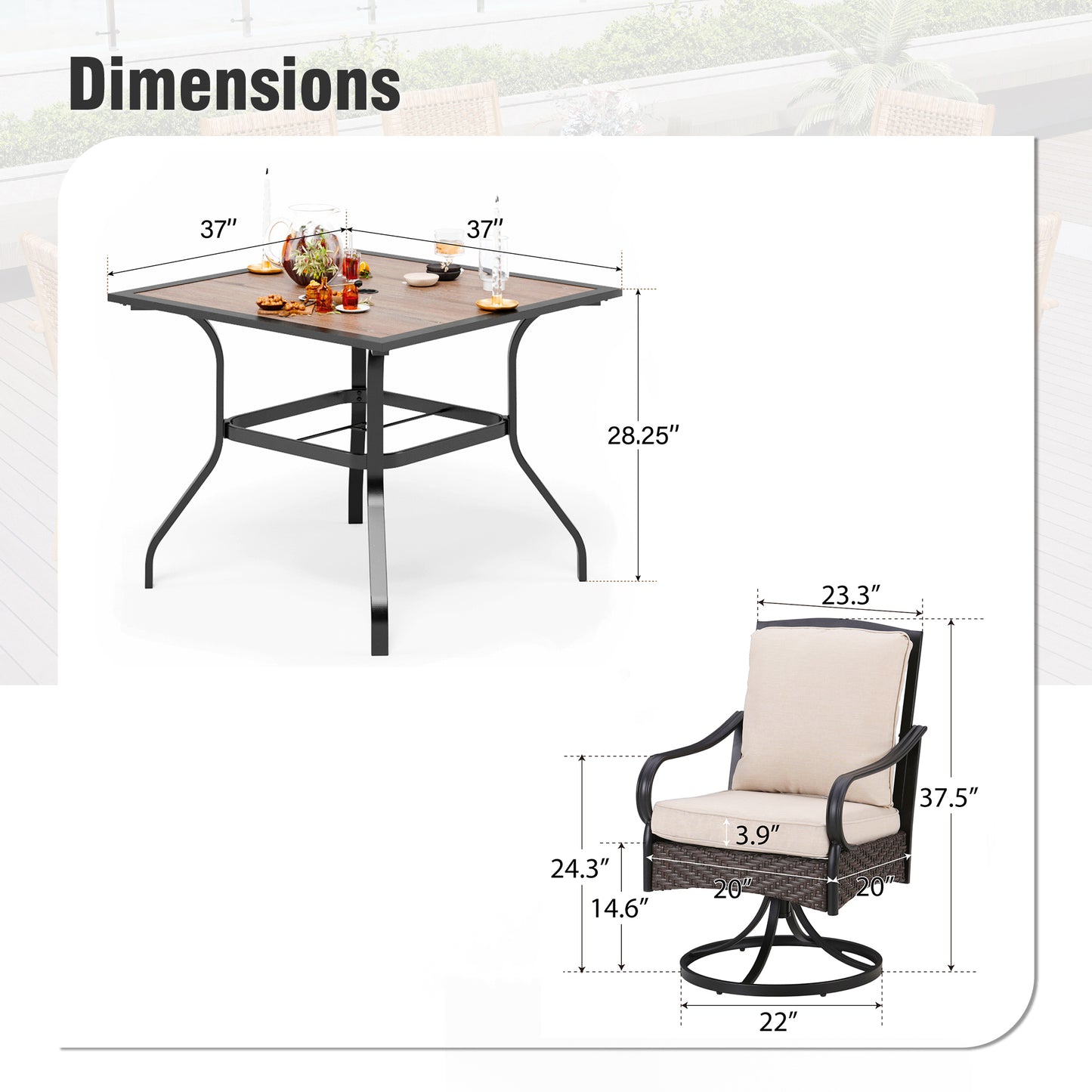 Captiva Designs 5pc Outdoor Patio Metal Dining Table & Rattan Chairs with Removable Cushions