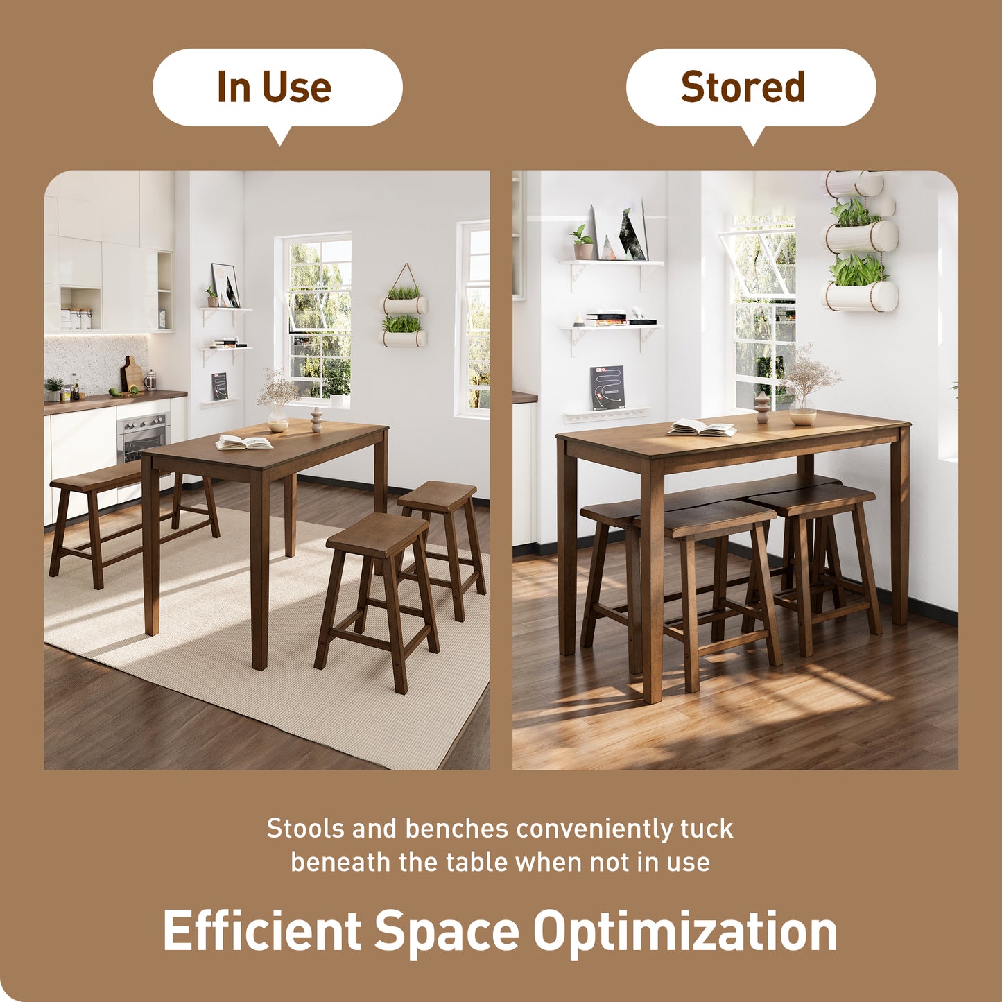Captiva Designs 4 Piece Wood Dining Table Set with Rectangular Dining Table & Stools & Bench