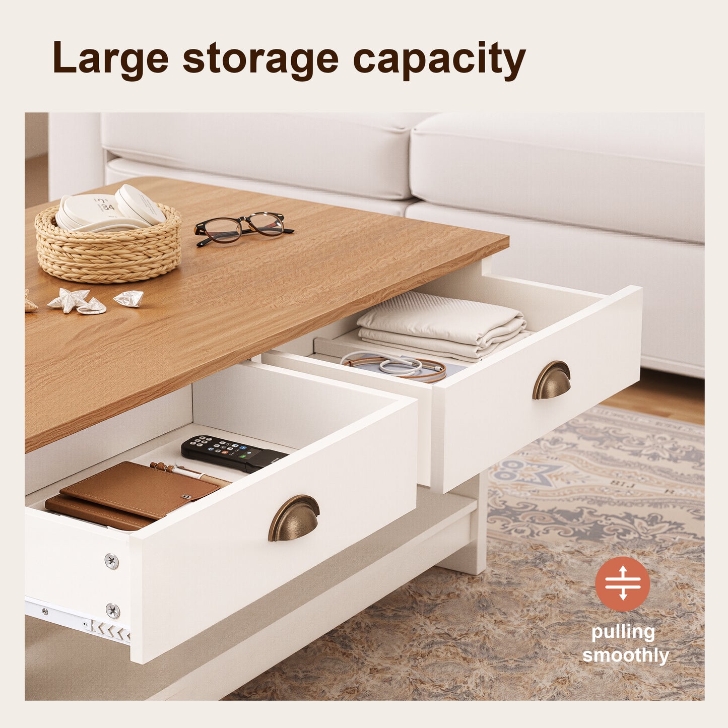 Captiva Designs Farmhouse Coffee Table with Storage Shelf for Living Room, 2-Tier Wooden Center Table with X-Shape Design, Ivory