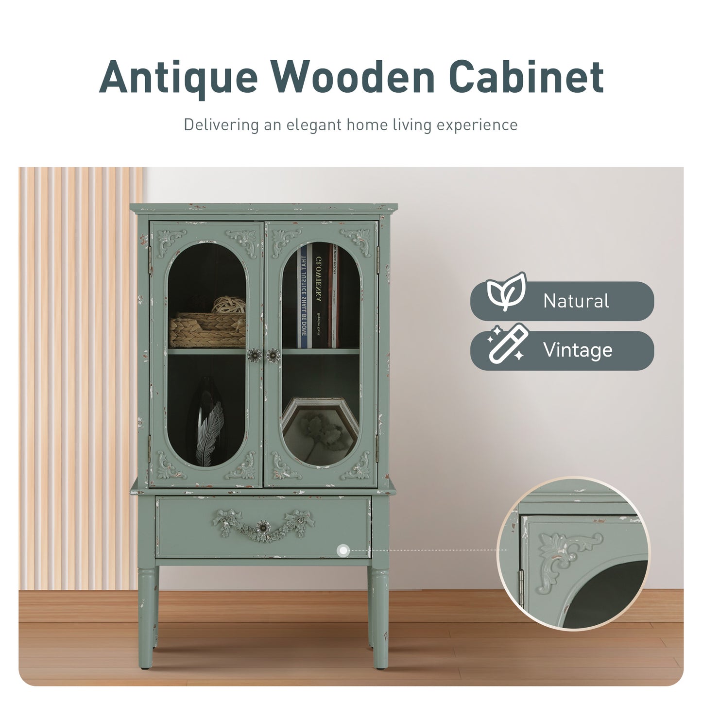 Captiva Designs Antique Mint Green Accent Sideboards Buffets Cabinet with 2 Glass Doors and 1 Drawer for Kitchen Dining Room