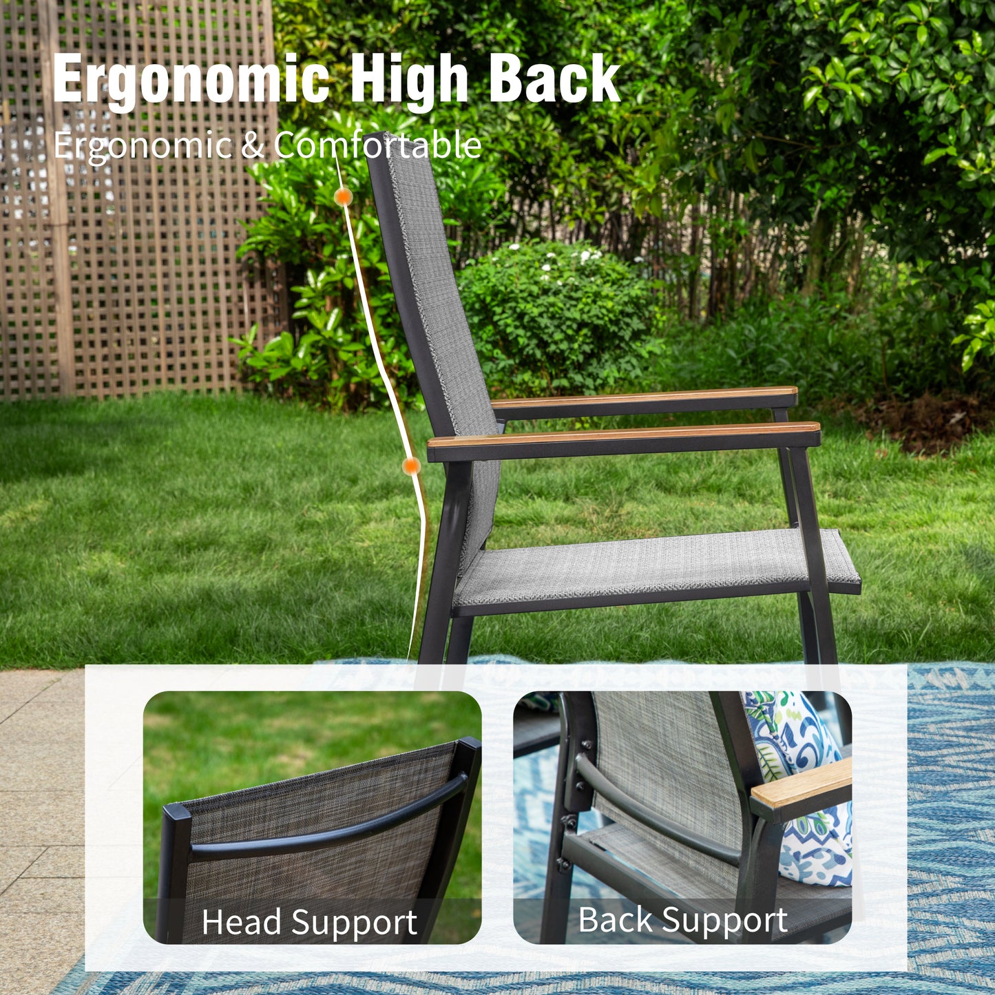 Captiva Designs 3pc Outdoor Patio Dining Steel Table & Gray Wood-look Arm Textilene Sling Chairs