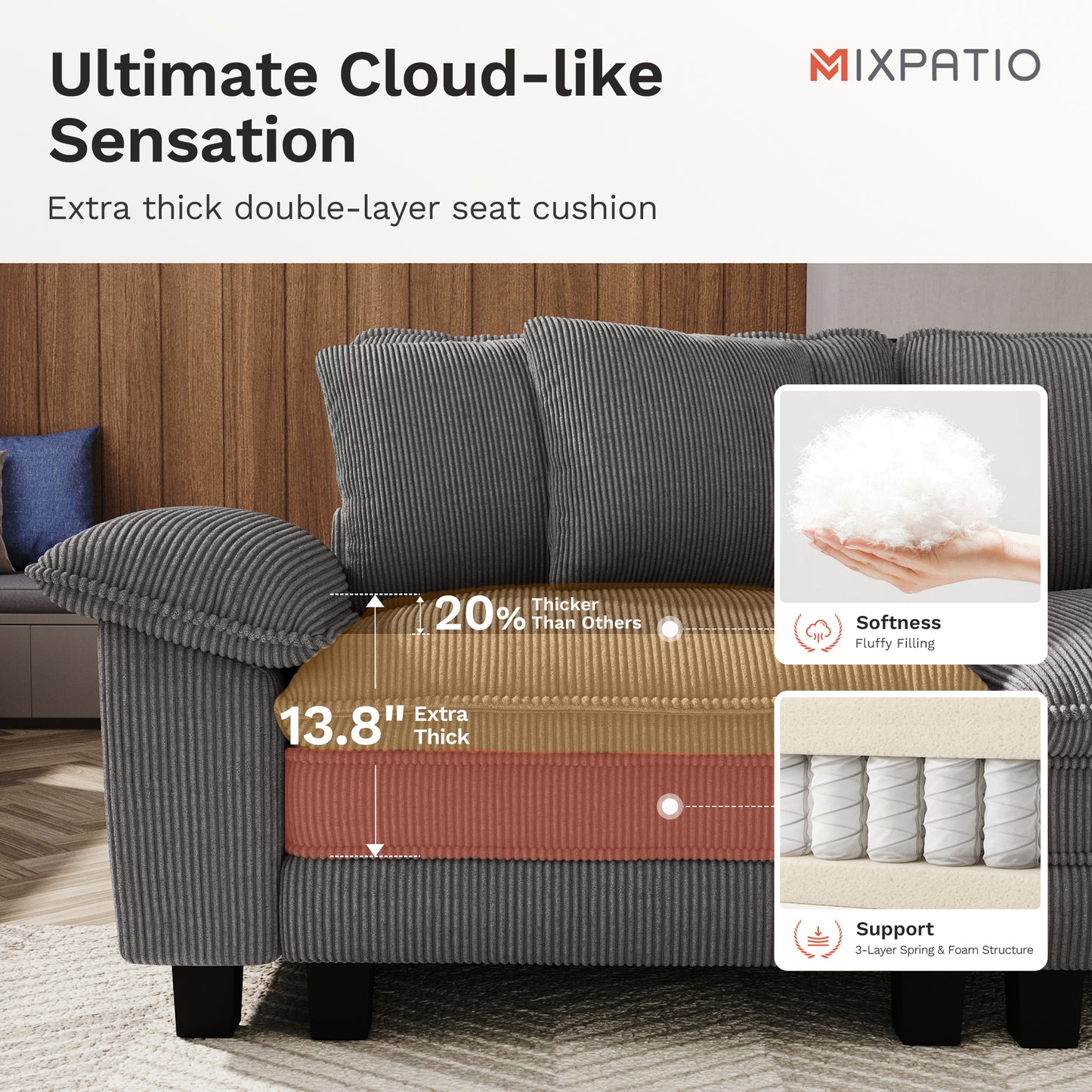 MIXPATIO Modular Sectional Couch Cloud Sofa Grey 88" L, Modern Sectional Couches for Living Room, Wider Armrest and Deep Seat, Comfy Cloud Sofa, Soft Corduroy Furniture