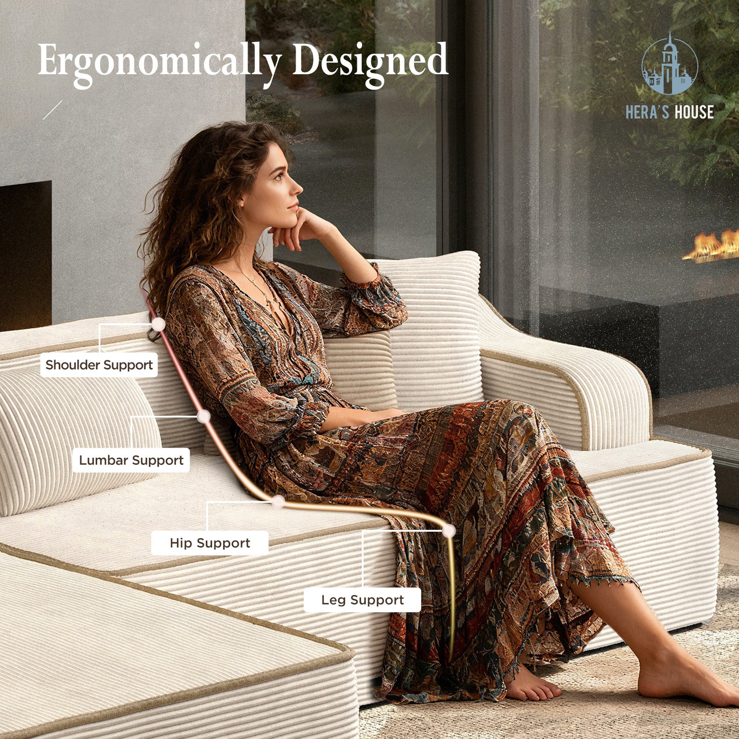 HERA'S HOUSE 105" L Shaped Sectional with Chaise, Living Room Cloud Couch, Corduroy Modular Sofa with Wide Armrest and 5 Pillows, No Assembly, Beige