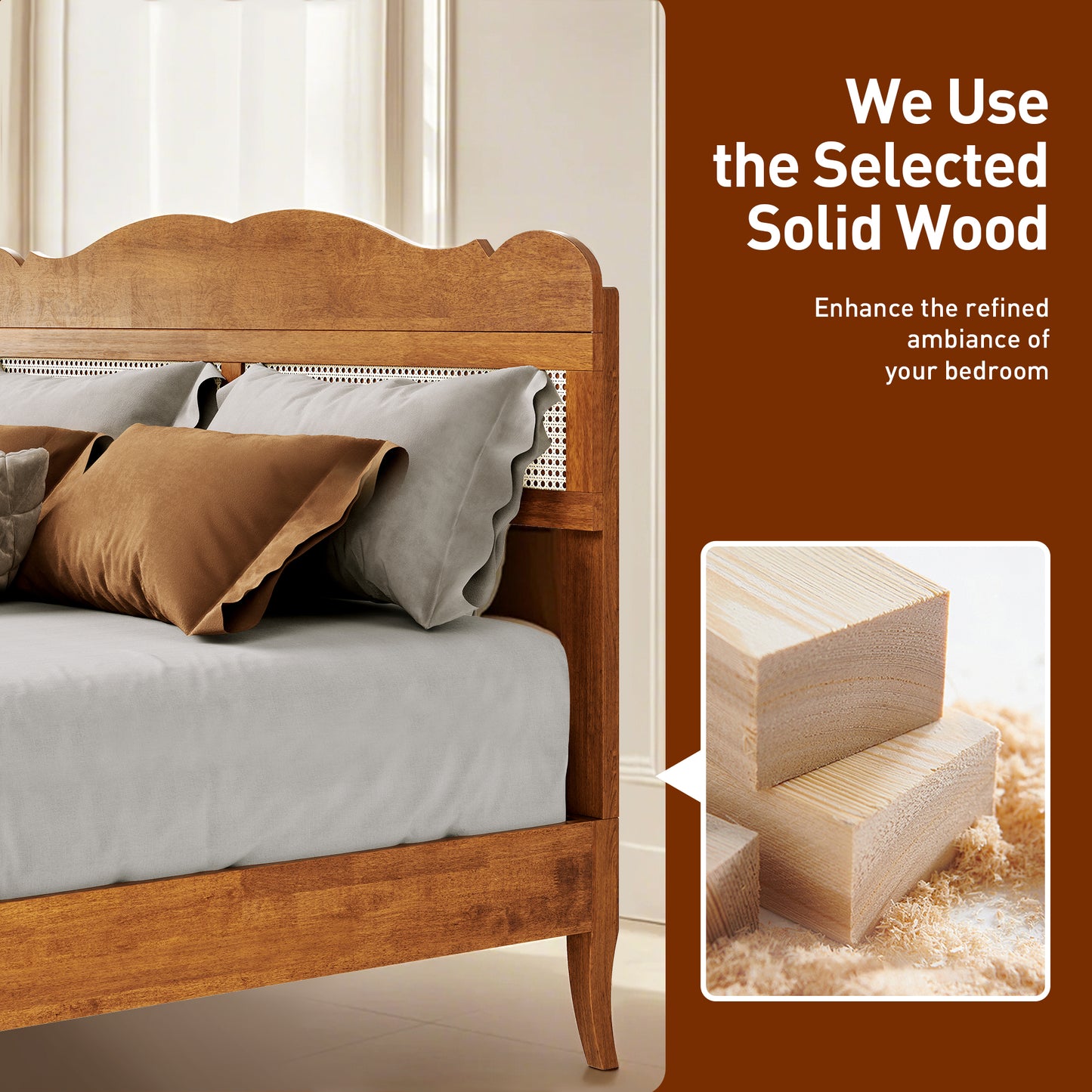 Captiva Designs Premium Wood Bed Frame with Woven Rattan Headboard and Reinforced Slats Support