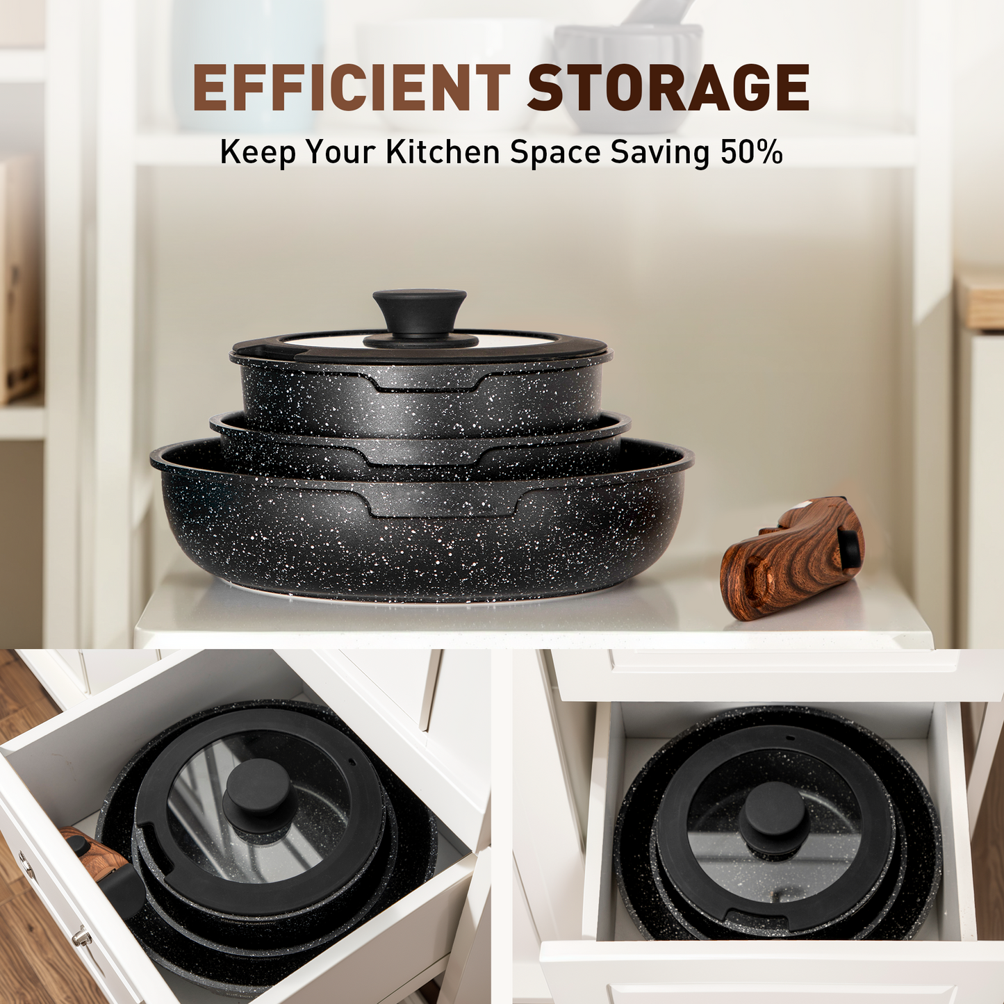 Captiva Designs 10 Pieces Nonstick Granite Cookware Set with Detachable Heat-Insulation Bakelite Handle