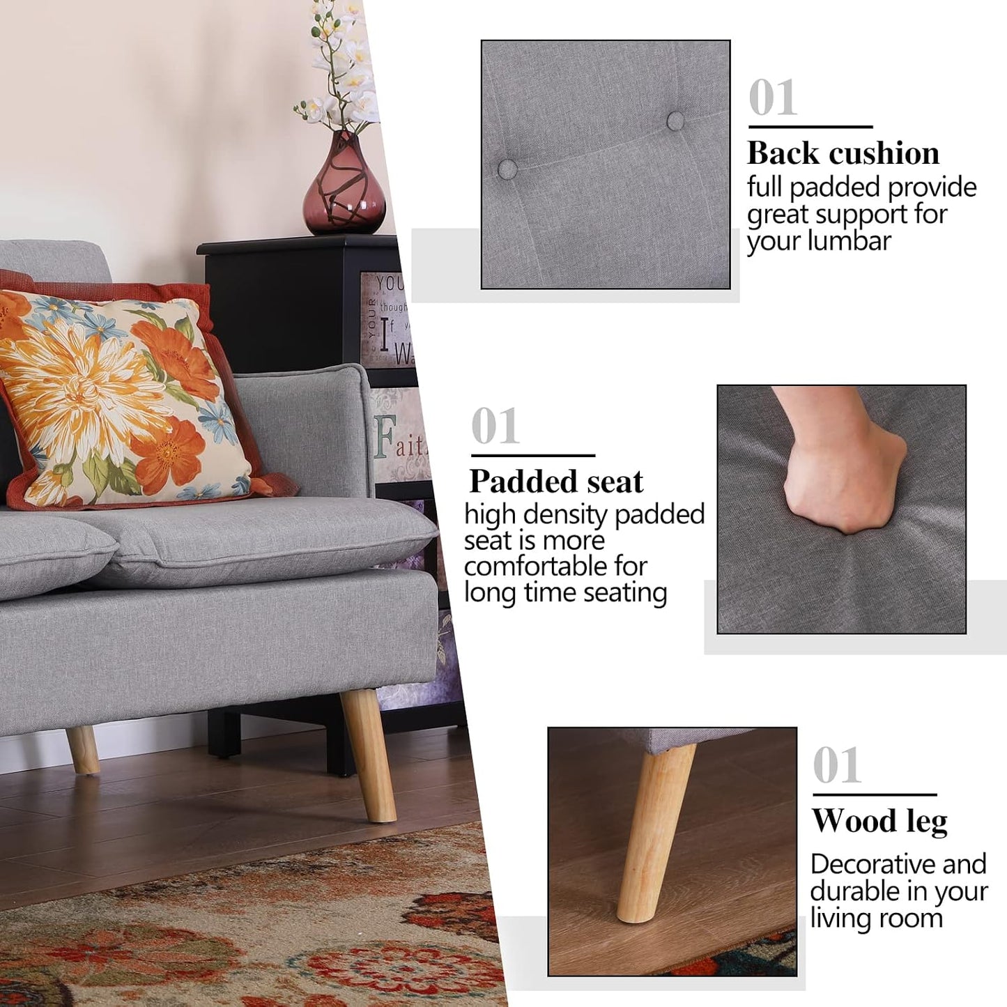 Sophia & William Sofa Coach Modern Loveseat for Living Room Upholstered Fabric 2-Seat Sofa Pillowed Back Cushion Straight Arms 52" Love Seats for Bedroom, Apartment, Dorm, Studio, Office-Light Grey