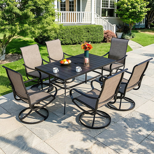 Captiva Designs 7 件 U 型腿木质金属矩形桌，带伞孔和 Textilene 旋转椅