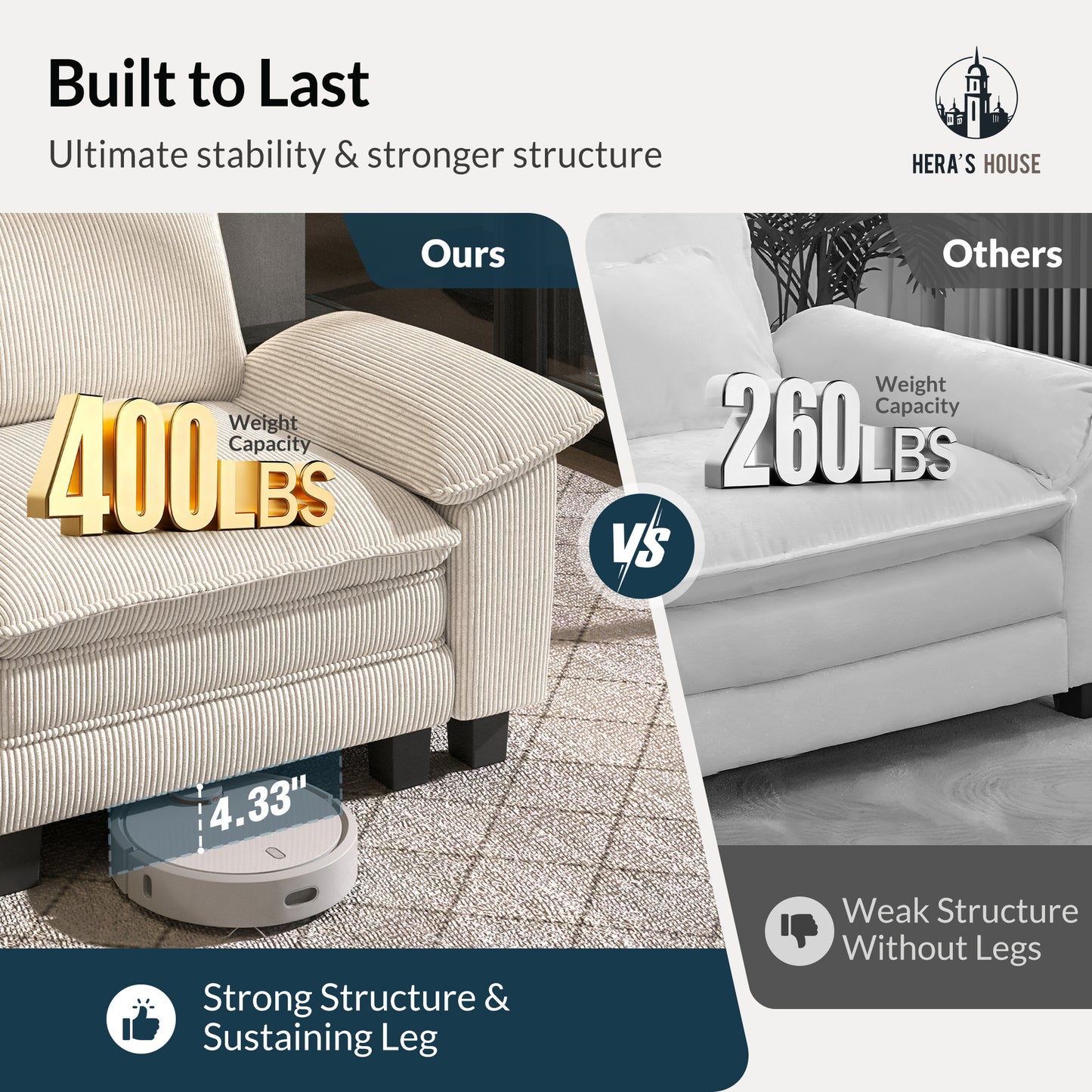 HERA'S HOUSE 3 Pieces Modular Sectional Sofa Sets, Oversized Couch Set with Loveseats and Armchair, Comfy Cloud Couches with Throw Pillows, 6-Seater Deep Seat Sofa for Living Room, Corduroy Beige