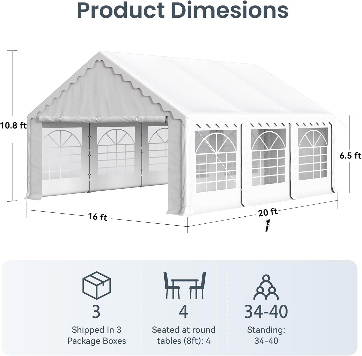 PHIVILLA 20'x16' Outdoor Heavy Duty Party Tent Large Commercial Canopy Wedding Event Shelter with Removable Sidewalls & 3 Storage Bags for Patio Outdoor Garden Events, White