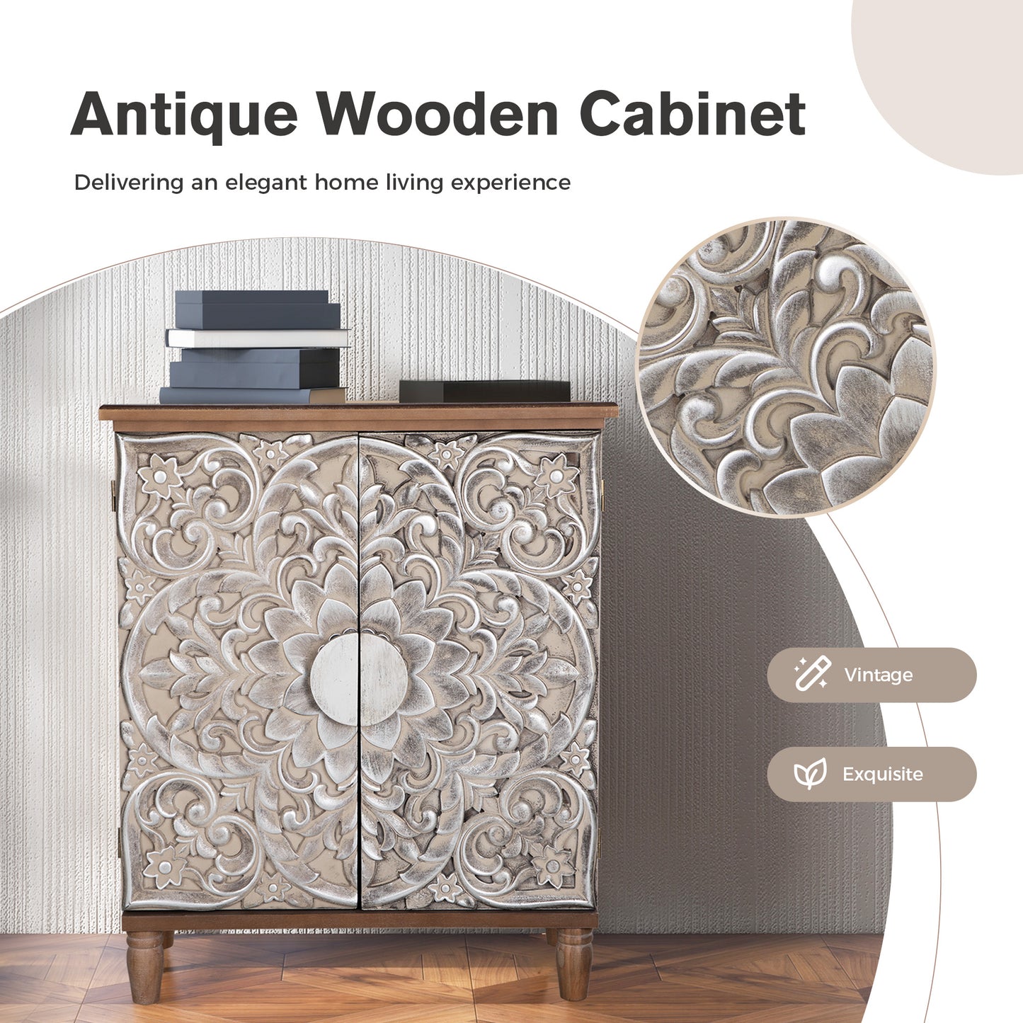 Captiva Designs Antique Silver Carved Floral Buffet Cabinet with Doors for Living Room, Entryway