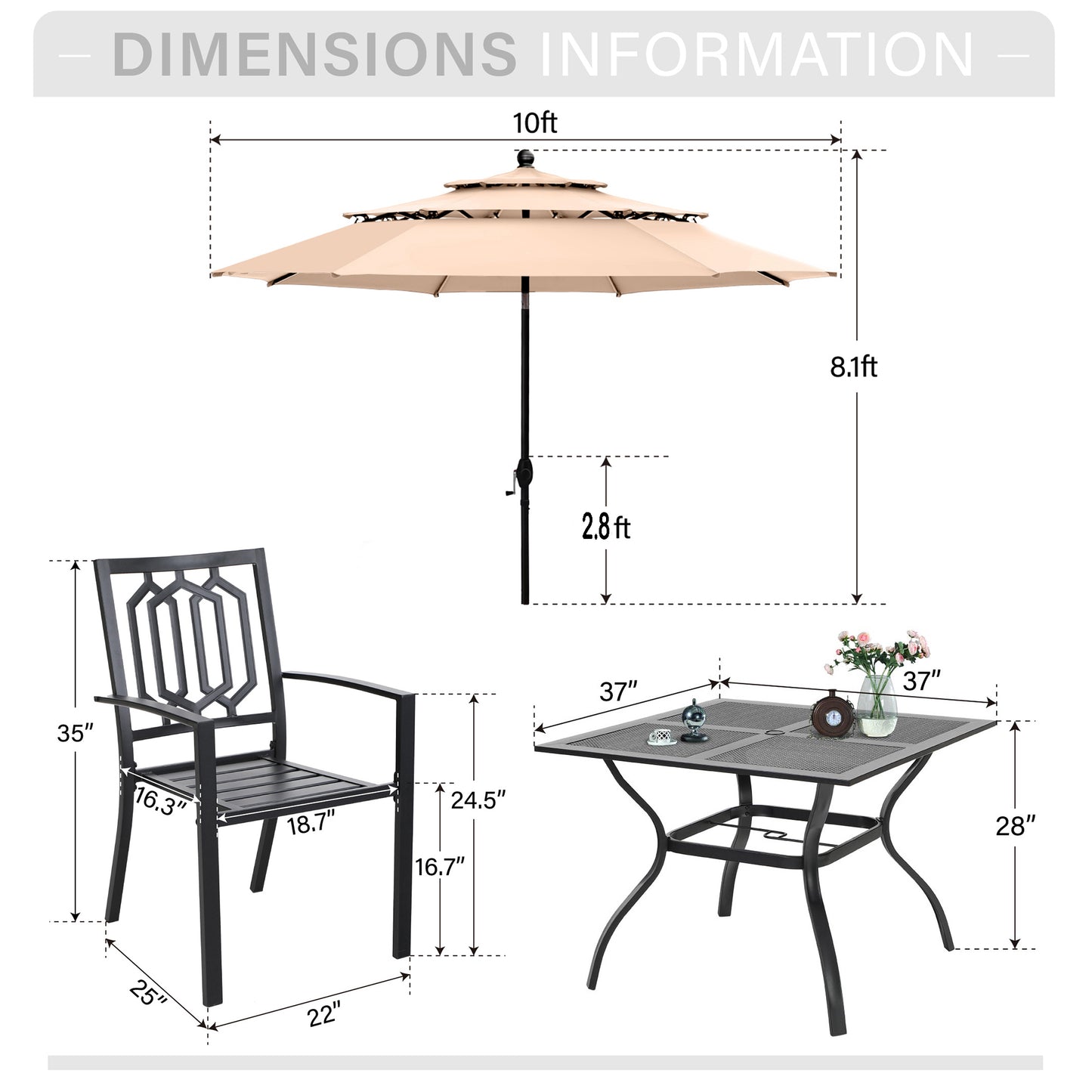 Captiva Designs 6pc Patio Mesh Top Square Steel Dining Table & Stackable Metal Chairs & Market Umbrella