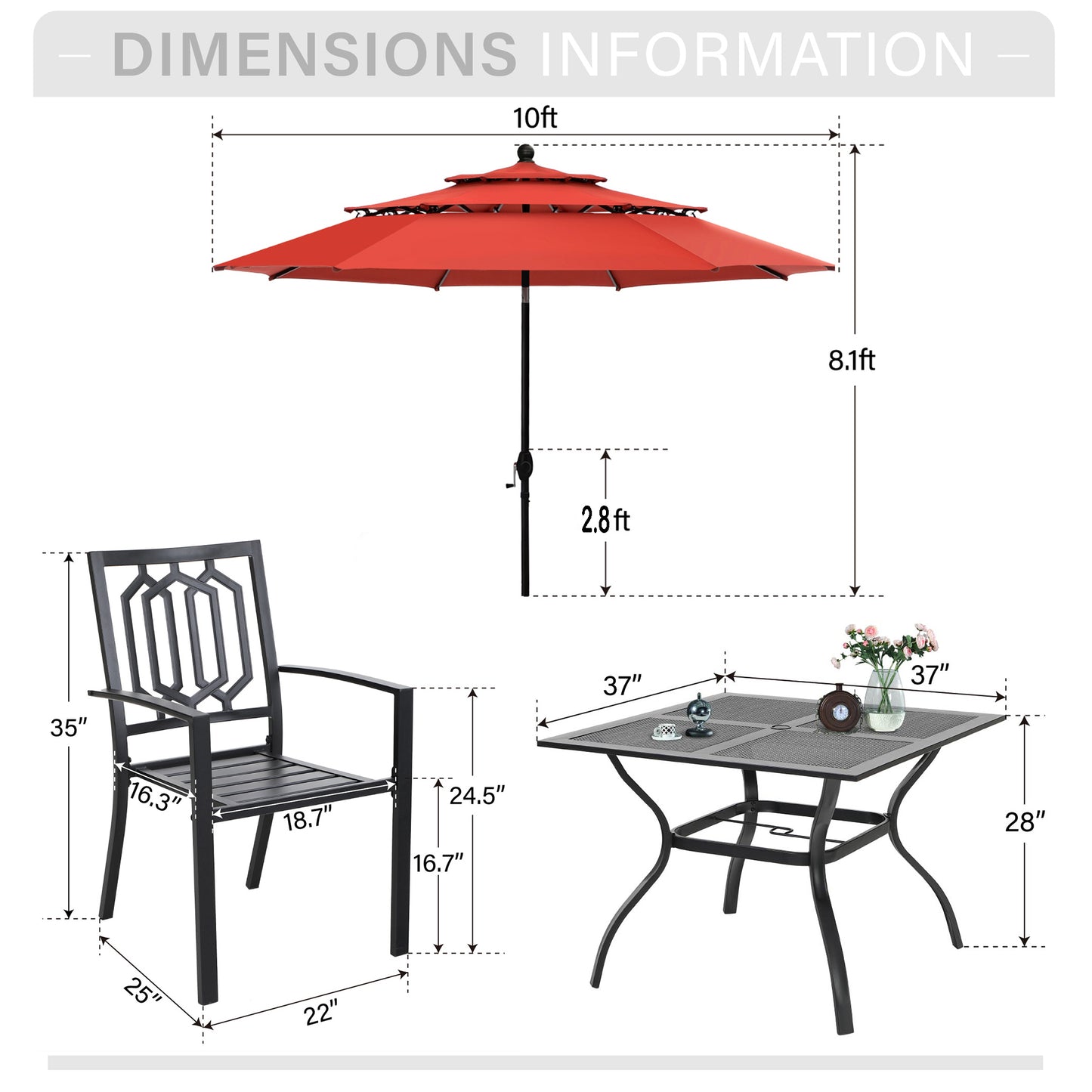 Captiva Designs 6pc Patio Mesh Top Square Steel Dining Table & Stackable Metal Chairs & Market Umbrella