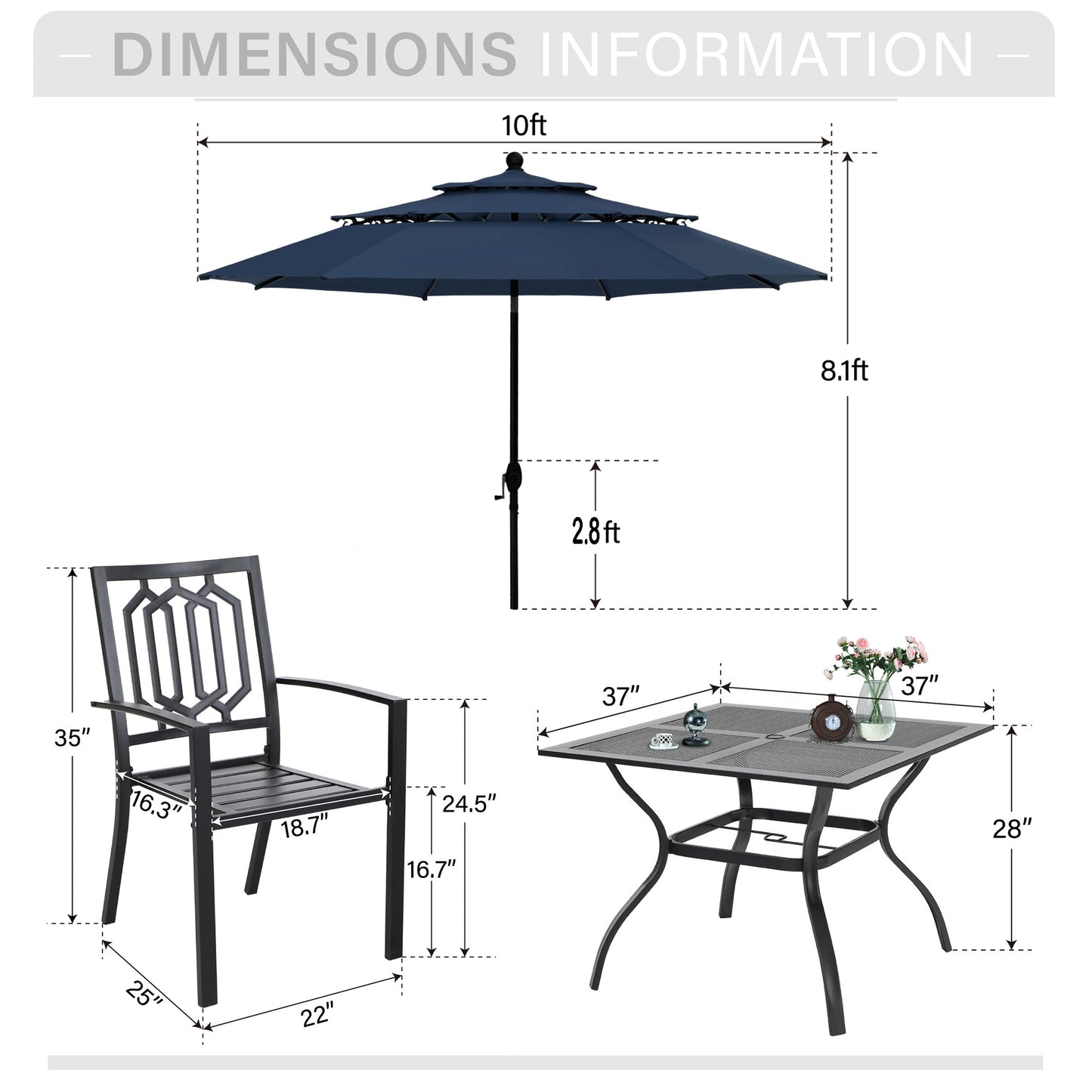Captiva Designs 6pc Patio Mesh Top Square Steel Dining Table & Stackable Metal Chairs & Market Umbrella