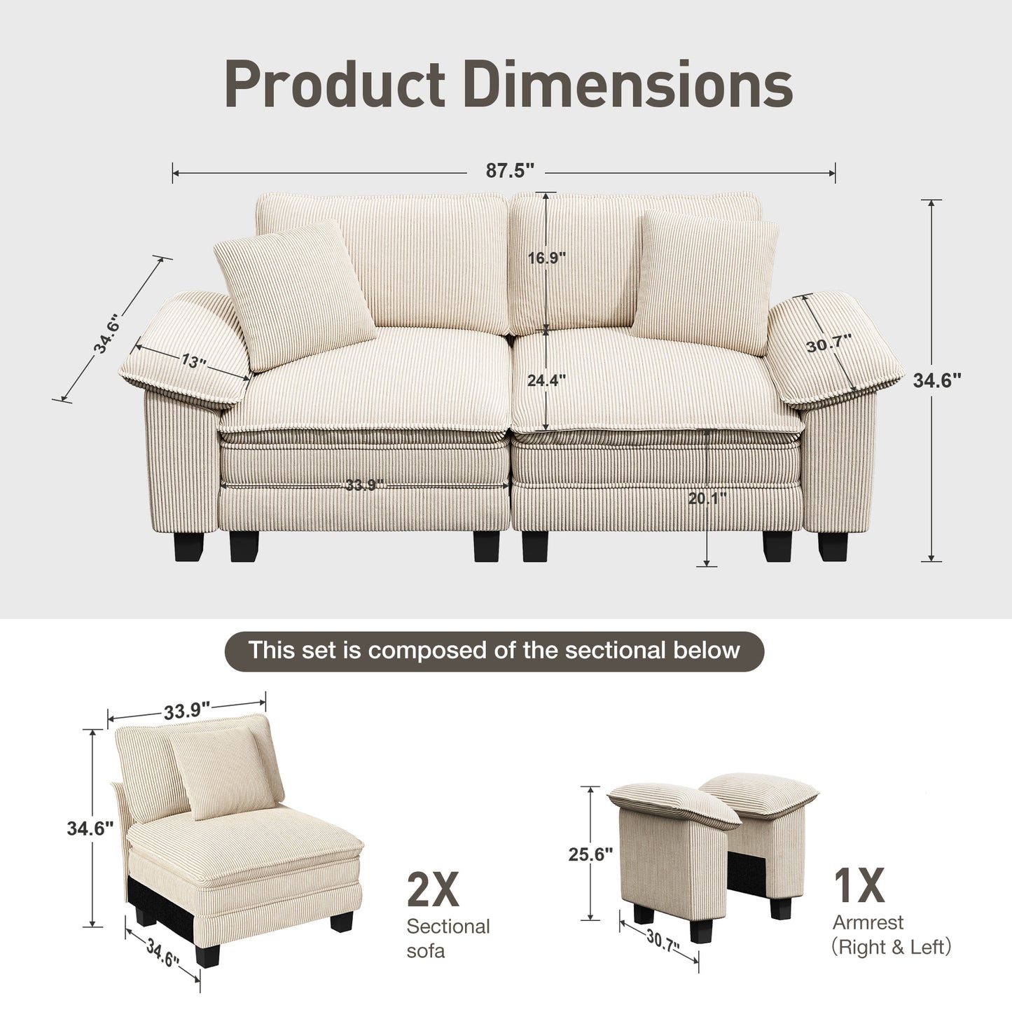 Captiva Designs Modular 2-Seater Loveseat Sofa, 87.5" Deep Sectional for Living Room & Bedroom