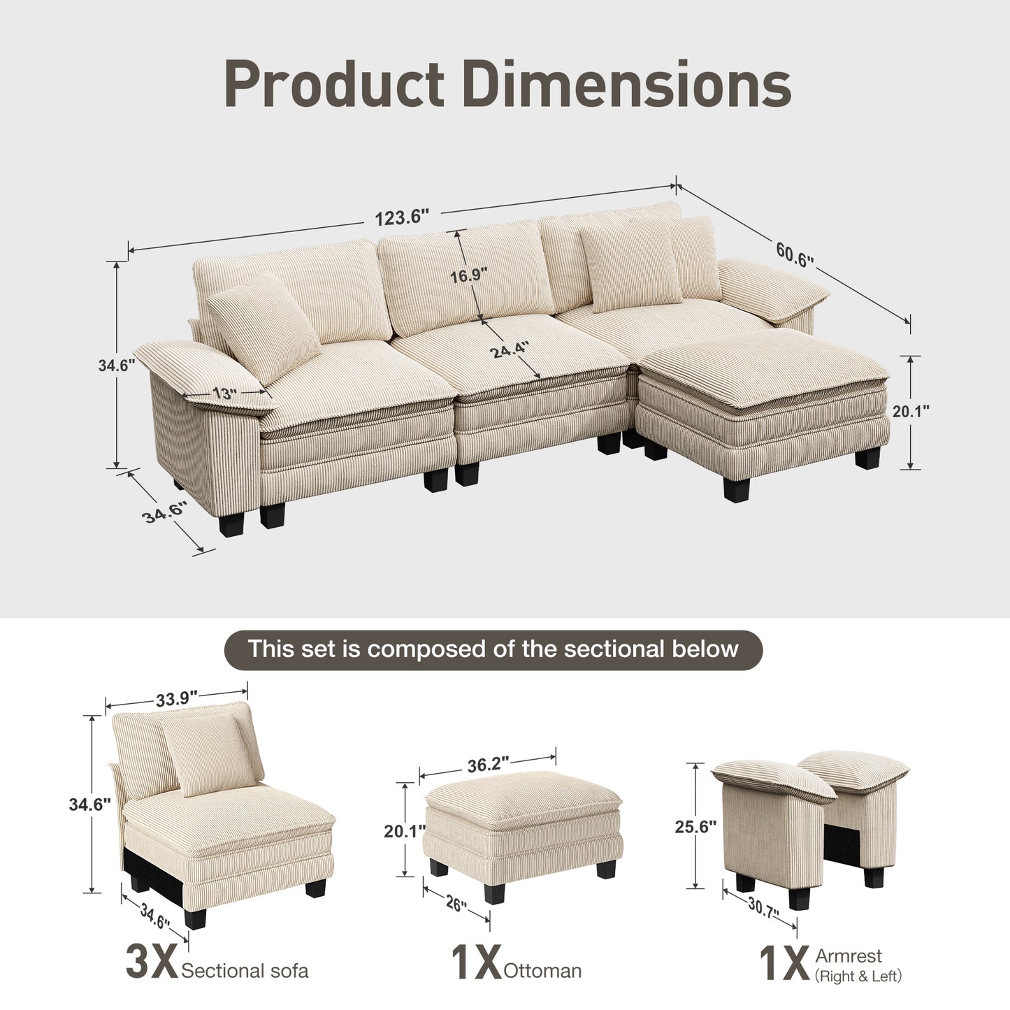 Captiva Designs Cloud Modular 4-Seater Sectional Sofa with L-Shaped Chaise and Movable Ottoman, Living Room Couch