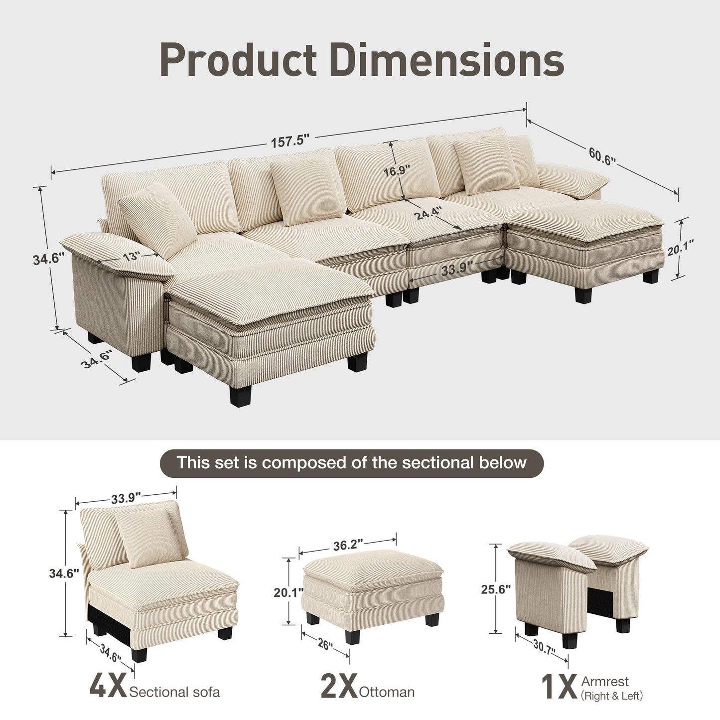 Captiva Designs Cloud Modular Sectional Sofa, 157.5" U-Shaped 6-Seater Couch with Ottomans