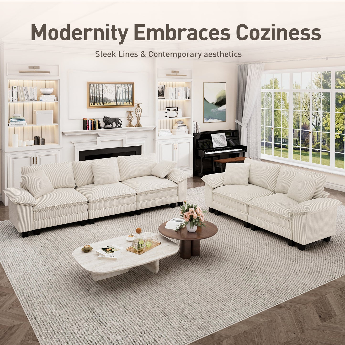 Captiva Designs Cloud Modular 4-Seater Sectional Sofa with L-Shaped Chaise and Movable Ottoman, Living Room Couch