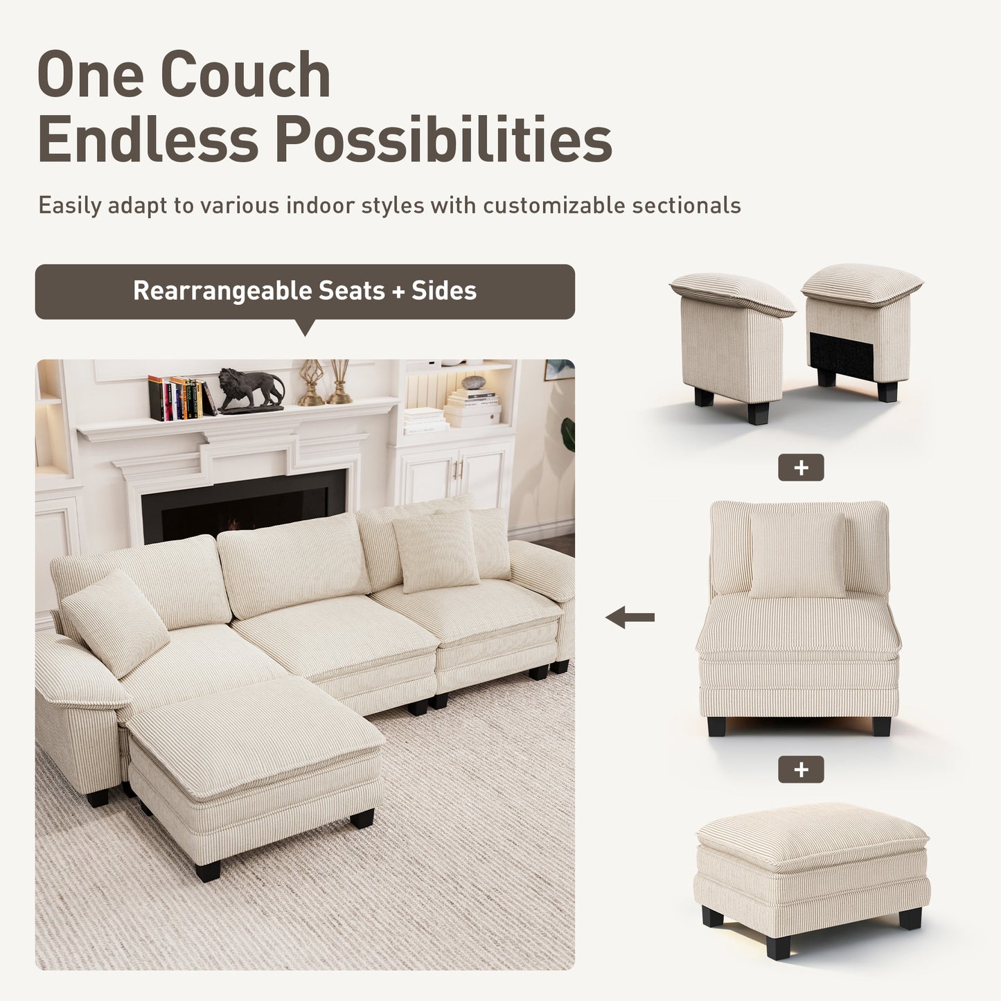 Captiva Designs Cloud Modular 4-Seater Sectional Sofa with L-Shaped Chaise and Movable Ottoman, Living Room Couch