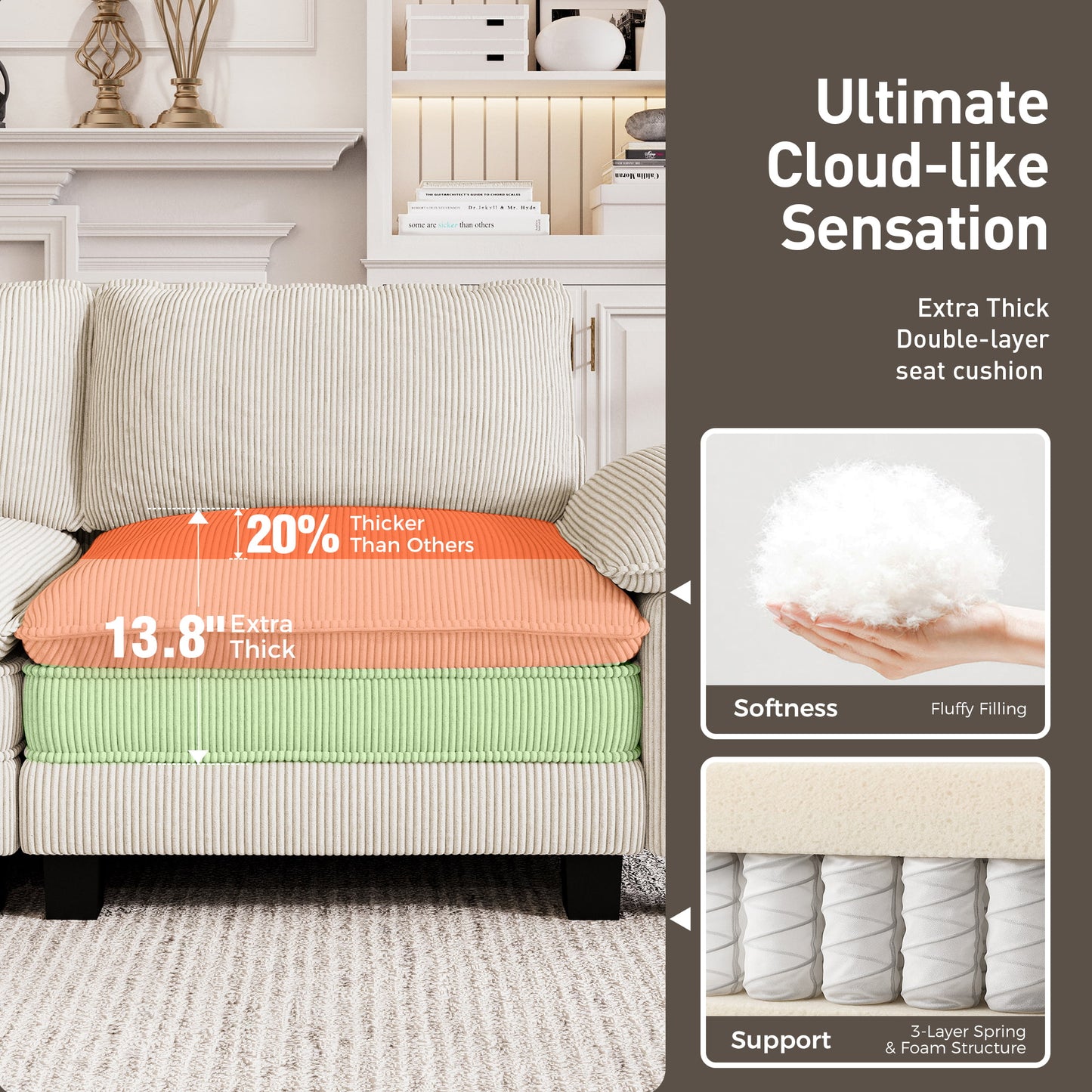 Captiva Designs Cloud Modular 4-Seater Sectional Sofa with L-Shaped Chaise and Movable Ottoman, Living Room Couch