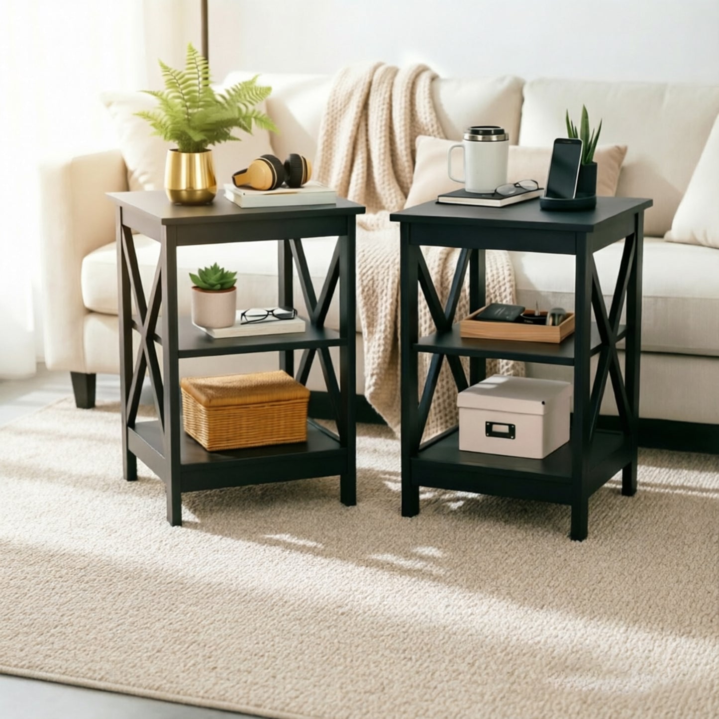 Captiva Designs Farmhouse End Table Set of 2, Side Tables with X-Shape Design, Wooden Nightstands for Living Room or Bedroom