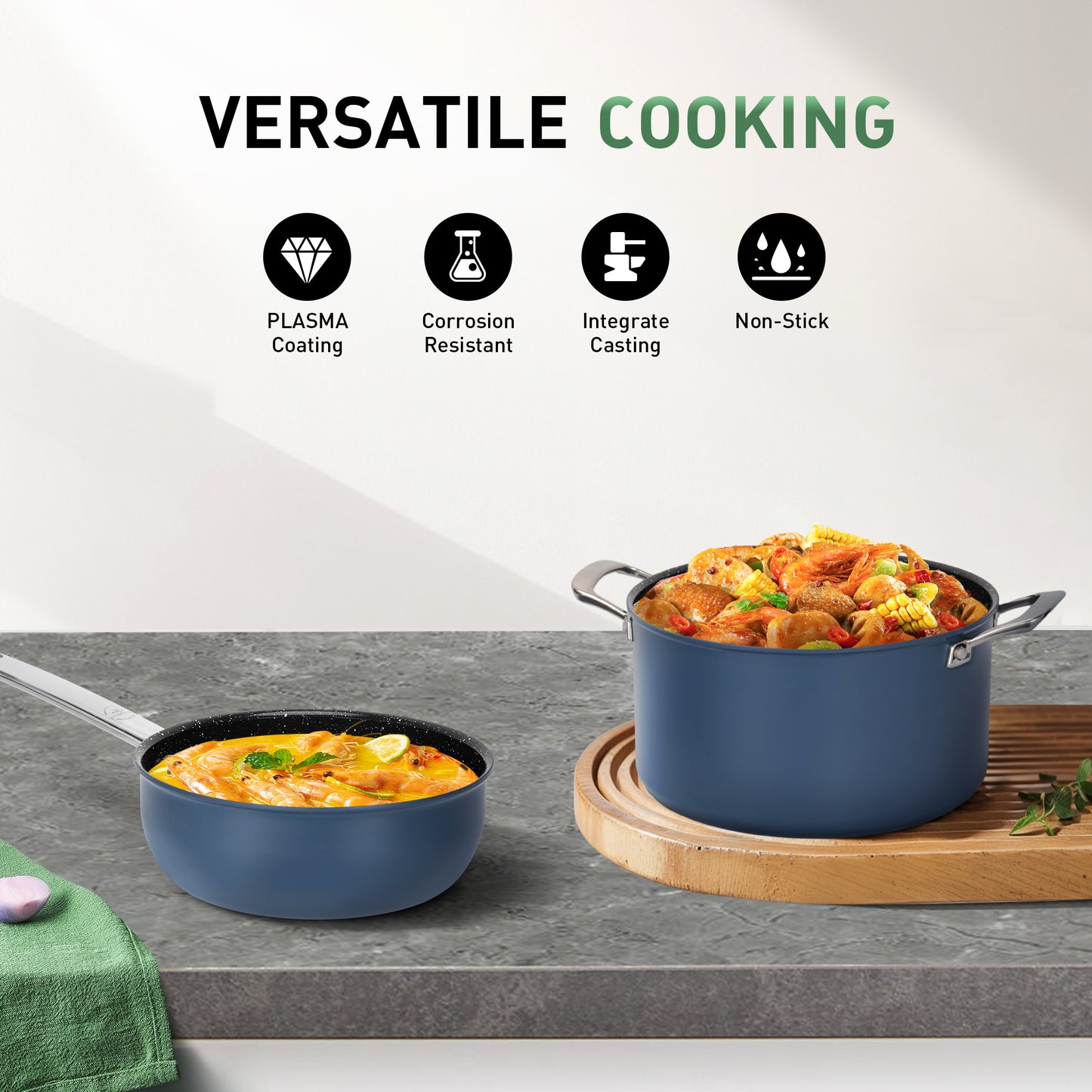 Captiva Designs Plasma Titanium Coating Nonstick Pots and Pans Cookware Set, Blue