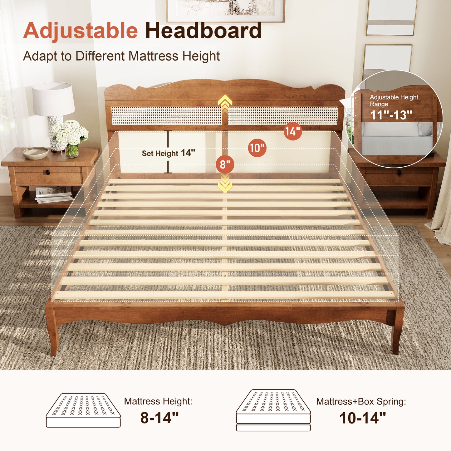 Captiva Designs Wood Platform Bed Frame with Height Adjustable Woven Rattan Headboard and Reinforced Slats Support, No Box Spring Needed