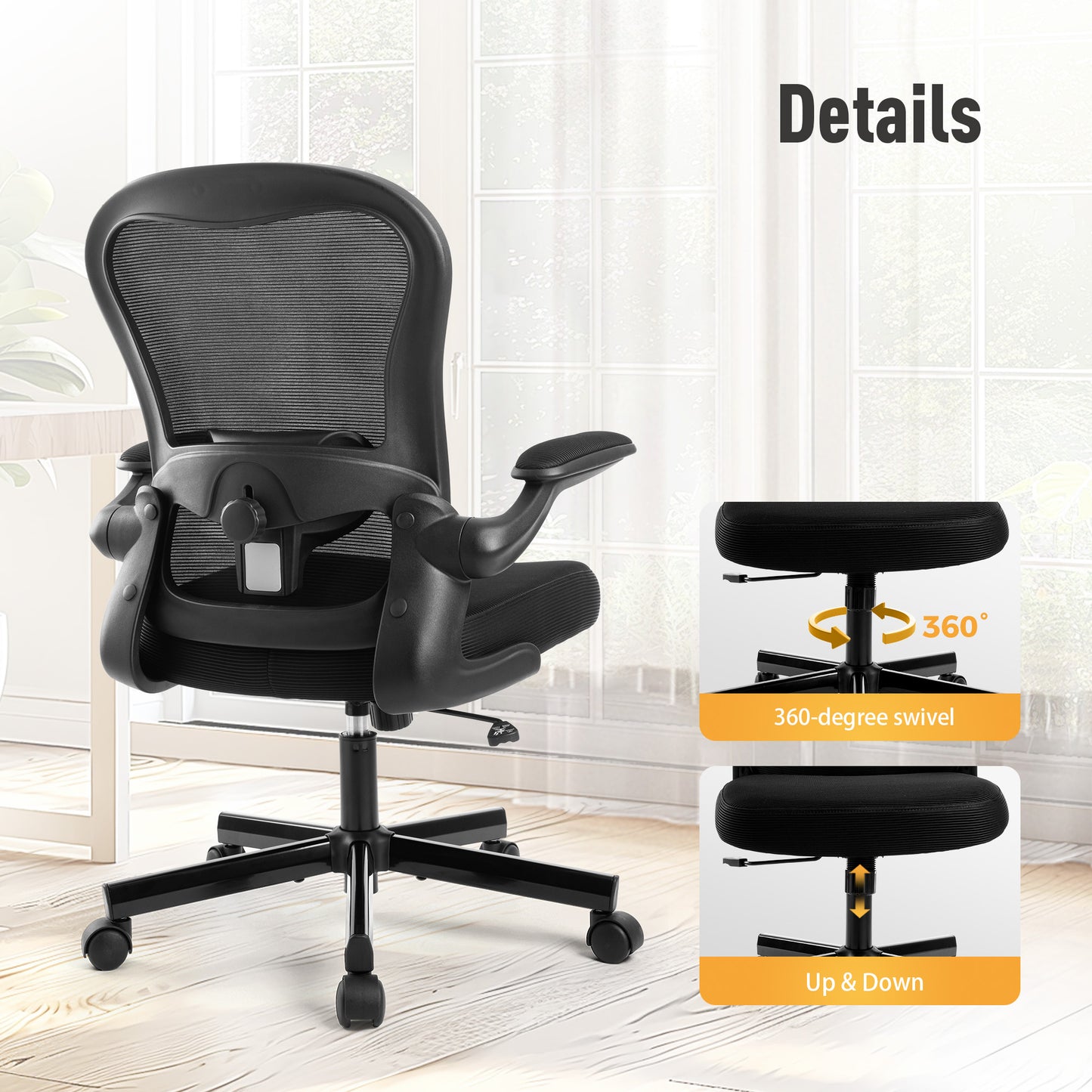 Captiva Designs Ergonomic High-Back Mesh Office Chair Adjustable Height Swivel Chair with Flip-Up Armrests, Black