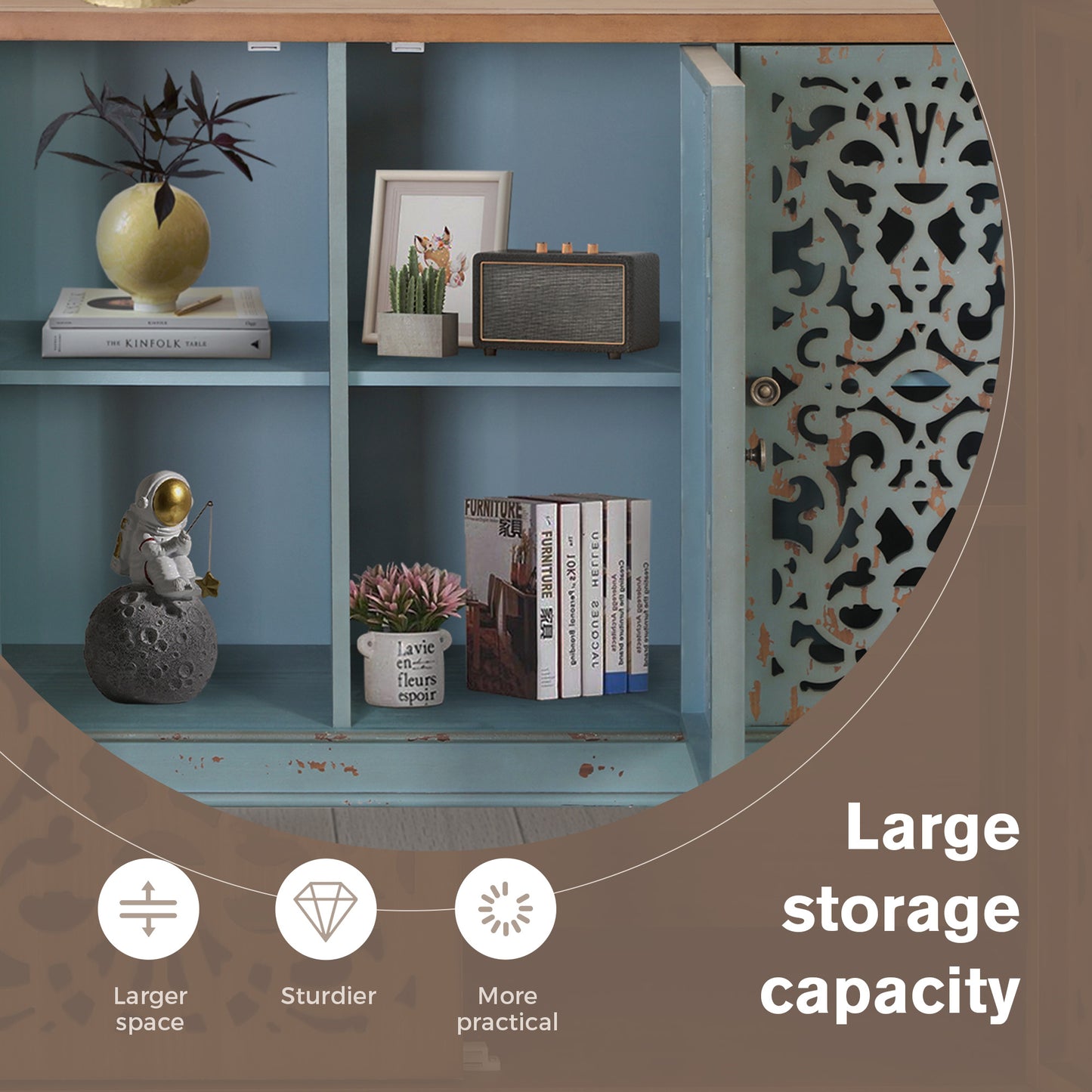 Captiva Designs Distressed Hollow-carved Accent Storage Sideboard Buffet Cabinet with Solid Wood Legs for Living Room Entryway Foyer