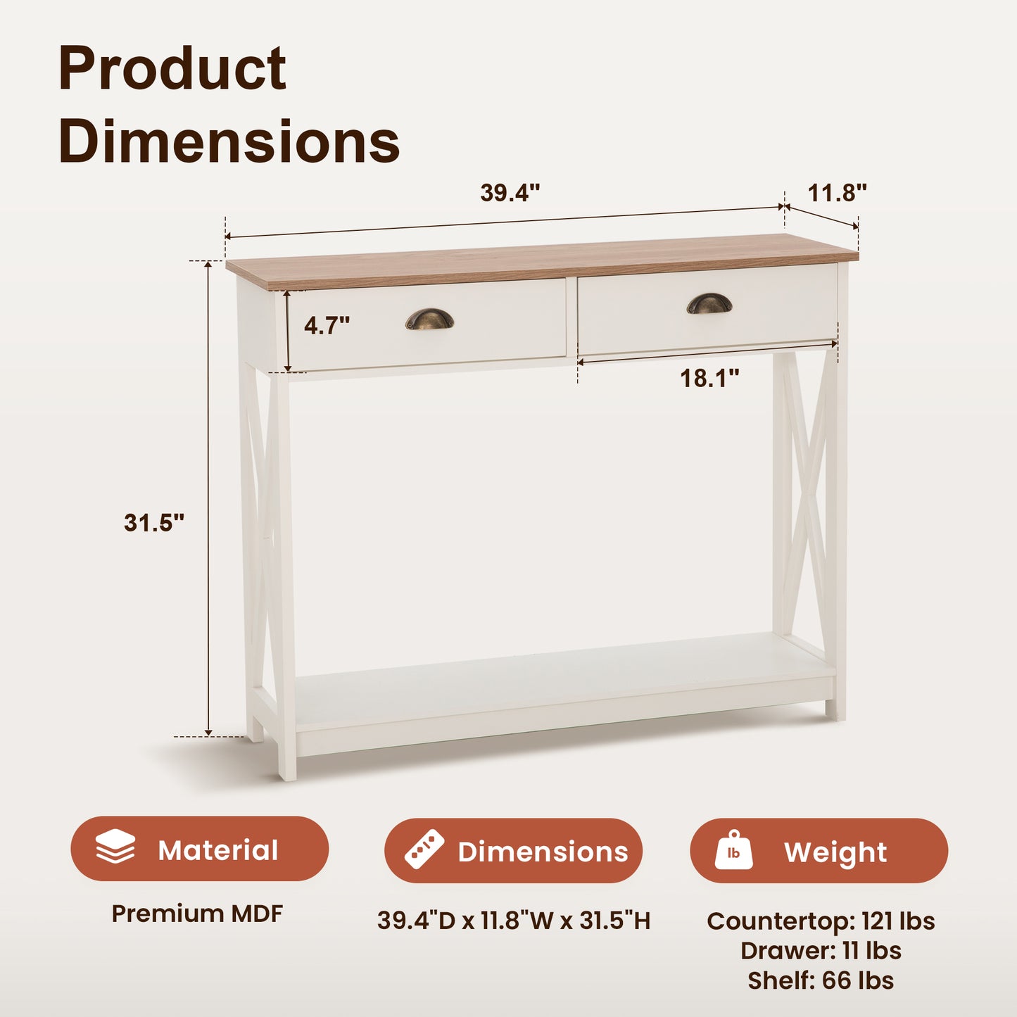 Captiva Designs Farmhouse Console Table with Shelf or Drawers, Narrow 2-Tier Entryway or Hallway Table, Ivory Finish