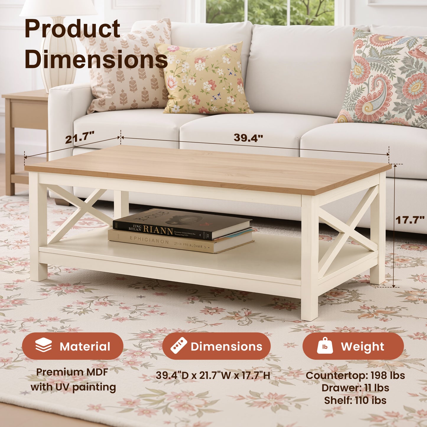 Captiva Designs Farmhouse Coffee Table with Storage Shelf for Living Room, 2-Tier Wooden Center Table with X-Shape Design, Ivory