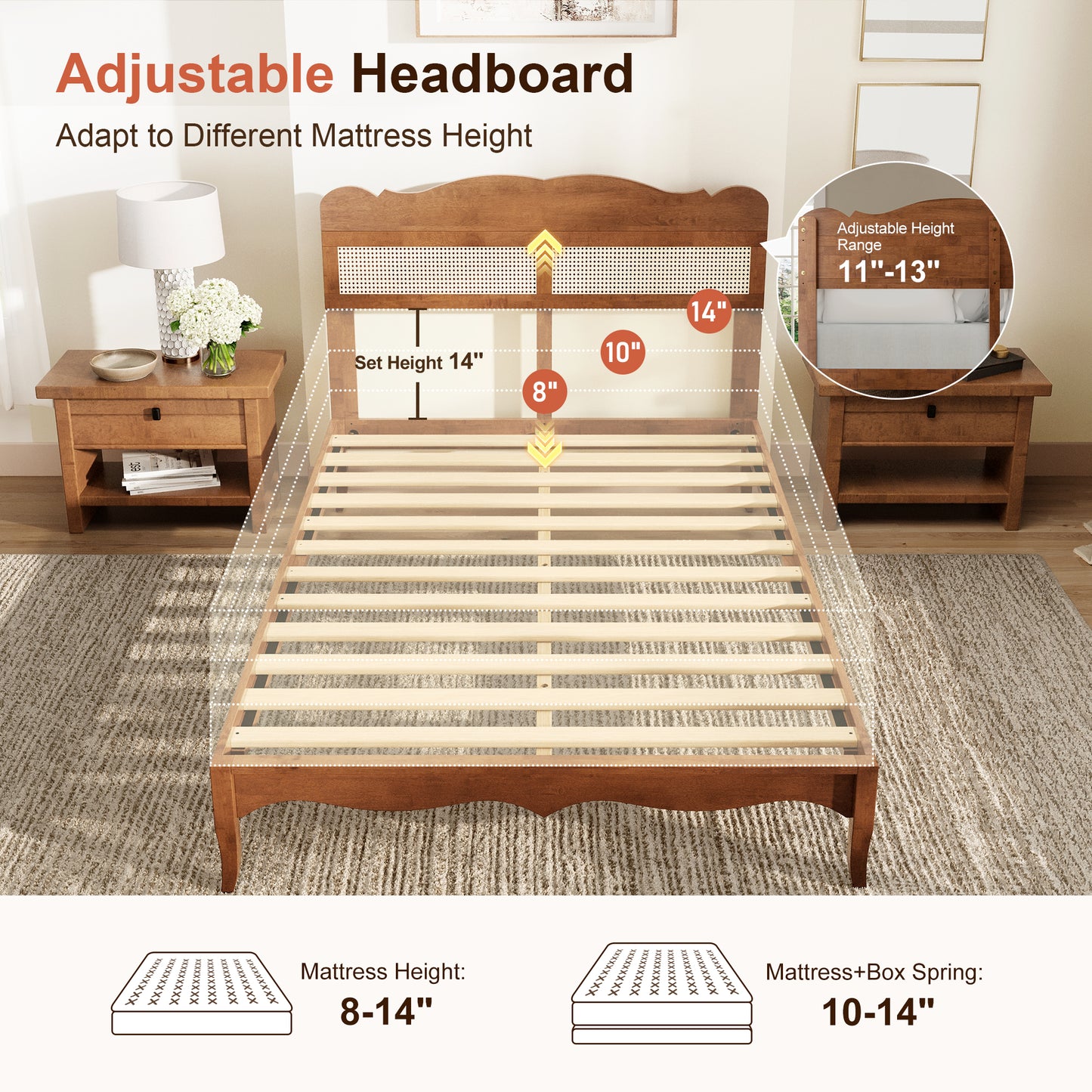 Captiva Designs Wood Platform Bed Frame with Height Adjustable Woven Rattan Headboard and Reinforced Slats Support, No Box Spring Needed