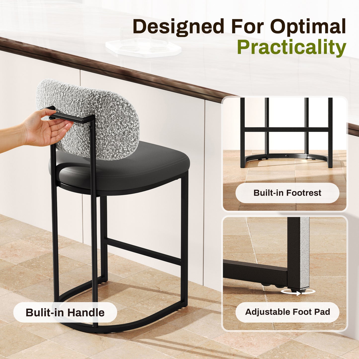 Captiva Designs 24.8 inch Counter Height Bar Stool with Large Chenille Back & PU Leather Seat & Footrest & Adjustable Foot Pad & Sturdy Steel Frame