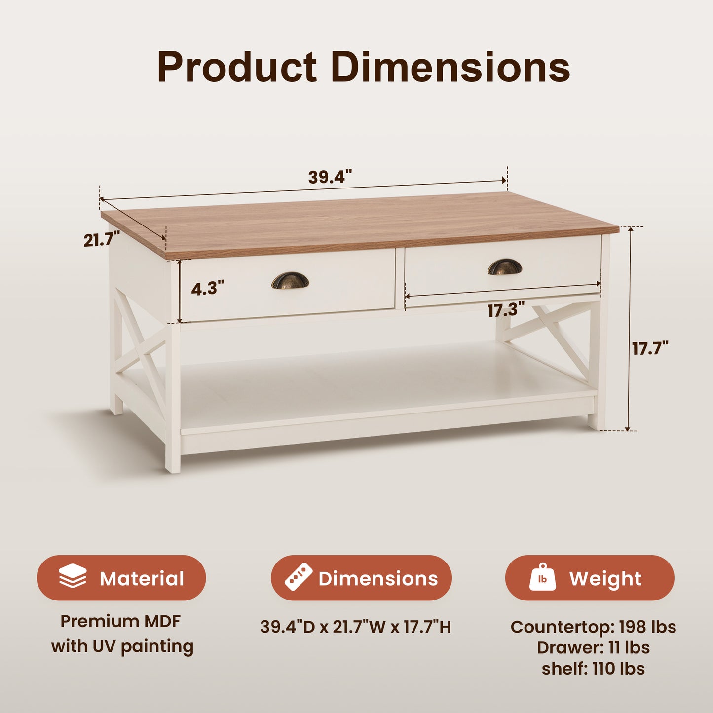 Captiva Designs Farmhouse Coffee Table with Storage Shelf for Living Room, 2-Tier Wooden Center Table with X-Shape Design, Ivory