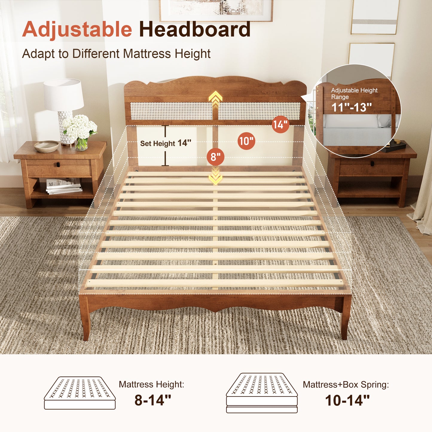 Captiva Designs Wood Platform Bed Frame with Height Adjustable Woven Rattan Headboard and Reinforced Slats Support, No Box Spring Needed