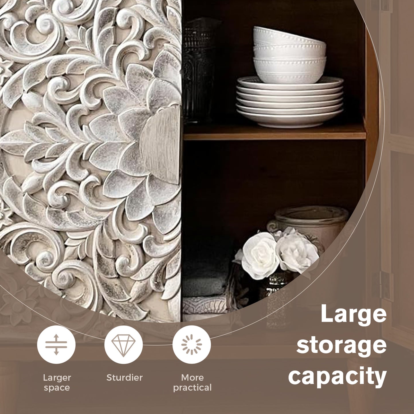 Captiva Designs Antique Silver Carved Floral Buffet Cabinet with Doors for Living Room, Entryway