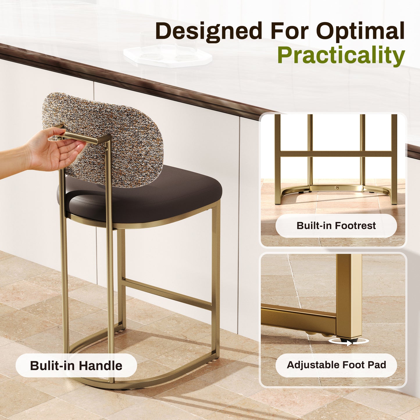 Captiva Designs 24.8 inch Counter Height Bar Stool with Large Chenille Back & PU Leather Seat & Footrest & Adjustable Foot Pad & Sturdy Steel Frame