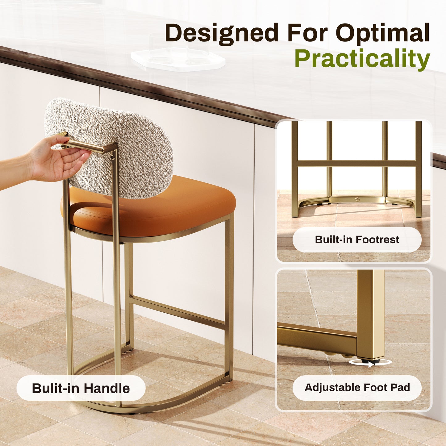 Captiva Designs 24.8 inch Counter Height Bar Stool with Large Chenille Back & PU Leather Seat & Footrest & Adjustable Foot Pad & Sturdy Steel Frame