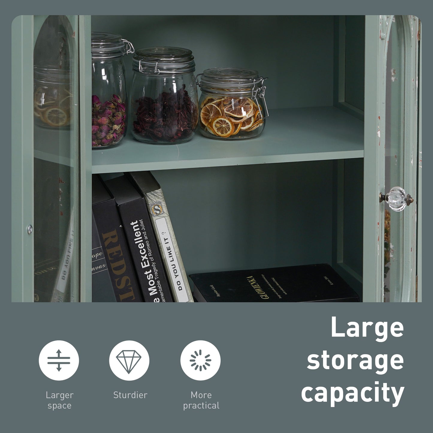 Captiva Designs Antique Mint Green Accent Sideboards Buffets Cabinet with 2 Glass Doors and 1 Drawer for Kitchen Dining Room