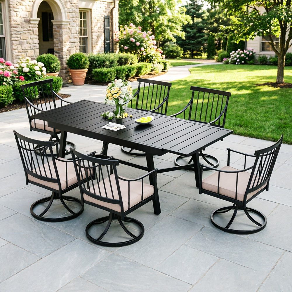 Captiva Designs 7pc Patio Dining Set with Rectangle Steel Table & Stylish Arm Chairs with Cushions