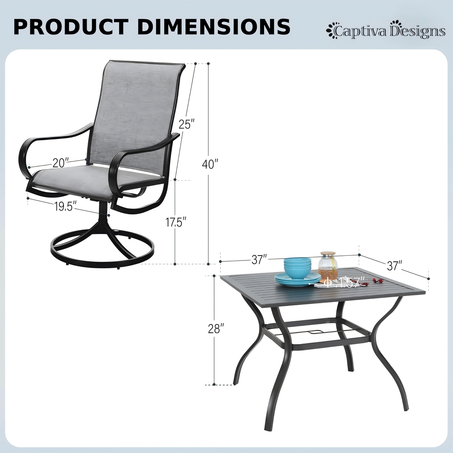 CAPTIVA DESIGNS Patio Table and Chairs Set of 4, Outdoor Dining Set with Umbrella Hole, 5 Piece Patio Furniture Set for Deck Backyard Poolside Garden