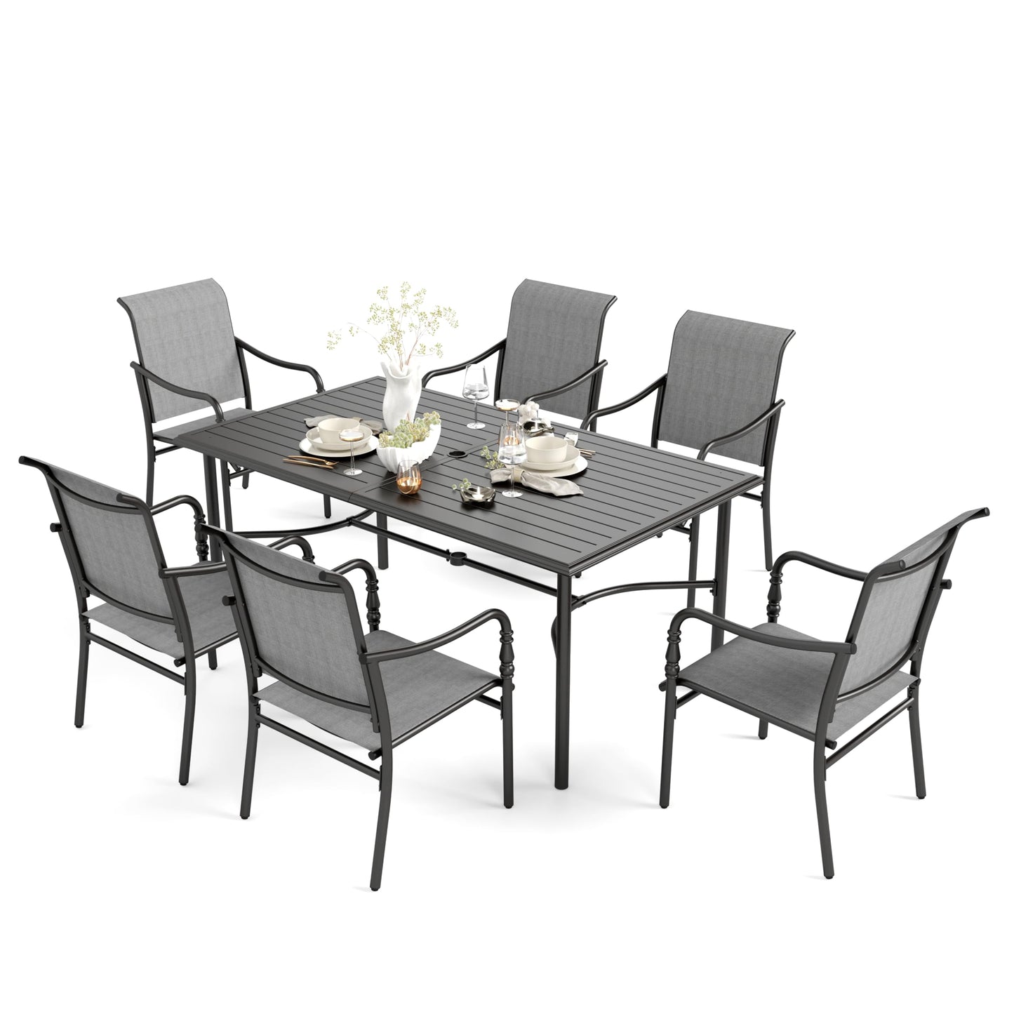 HERA'S HOUSE Patio Table and Chairs for 6, Outdoor Dining Set 7 Pieces, 67" Rectangle Metal Table with Elegant Armrest Chairs for Garden Backyard