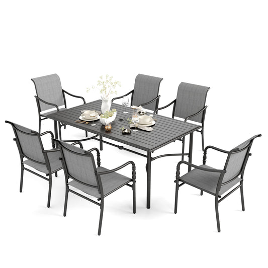HERA'S HOUSE Patio Table and Chairs for 6, Outdoor Dining Set 7 Pieces, 67" Rectangle Metal Table with Elegant Armrest Chairs for Garden Backyard