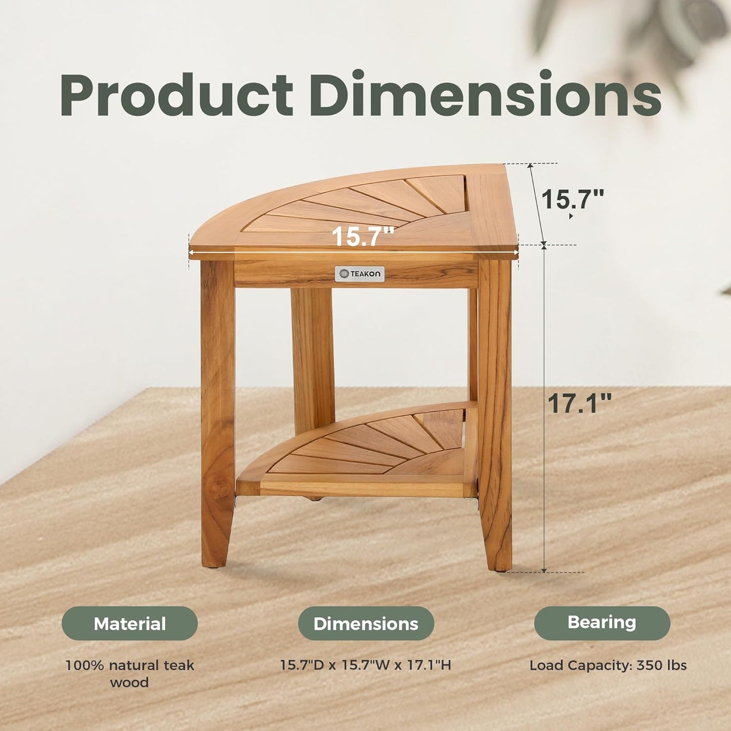 TEAKON Teak Shower Bench, Sector Bathroom Shower Stool with Storage Shelf Waterproof Wood Bench, Shower Seat