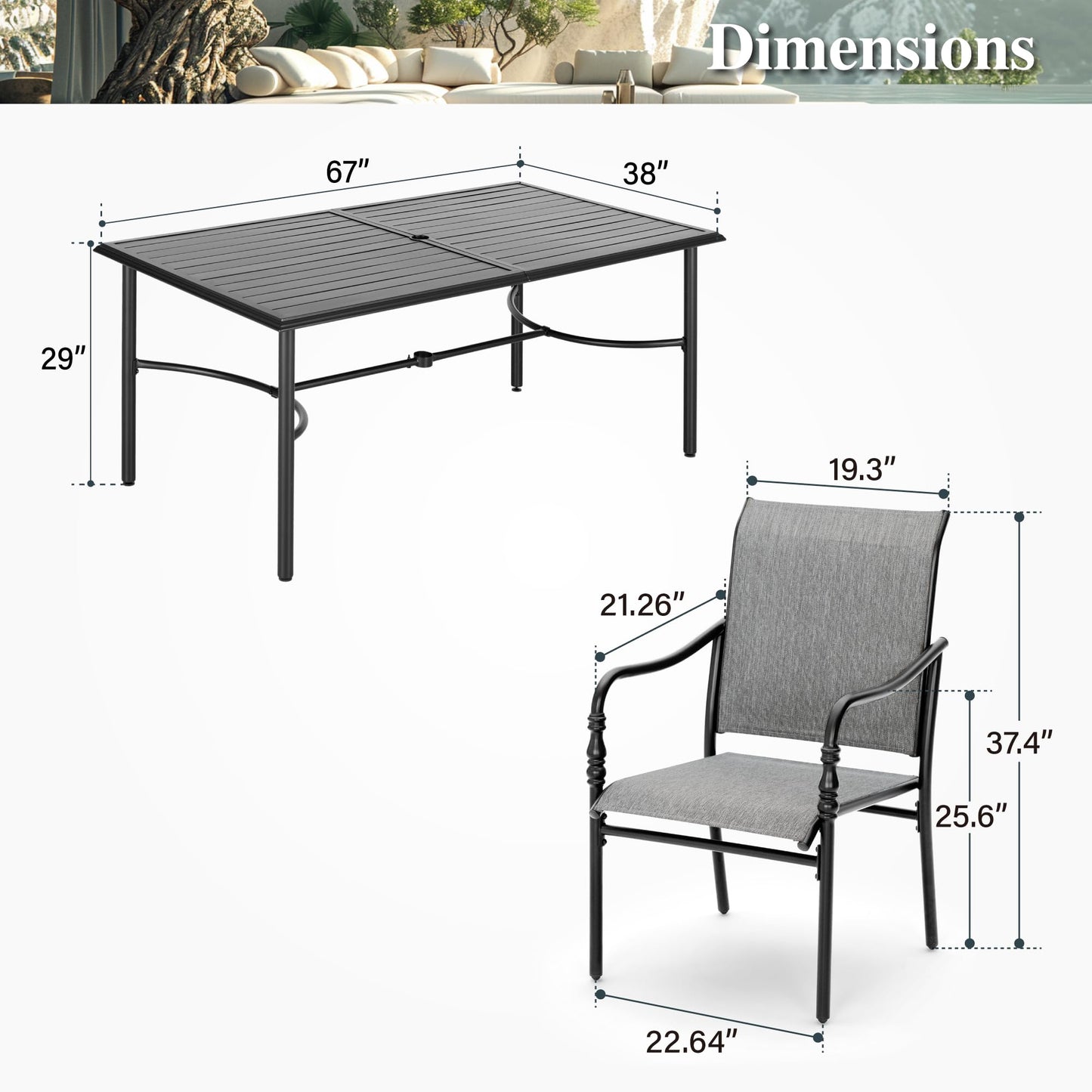 HERA'S HOUSE Patio Table and Chairs for 6, Outdoor Dining Set 7 Pieces, 67" Rectangle Metal Table with Elegant Armrest Chairs for Garden Backyard
