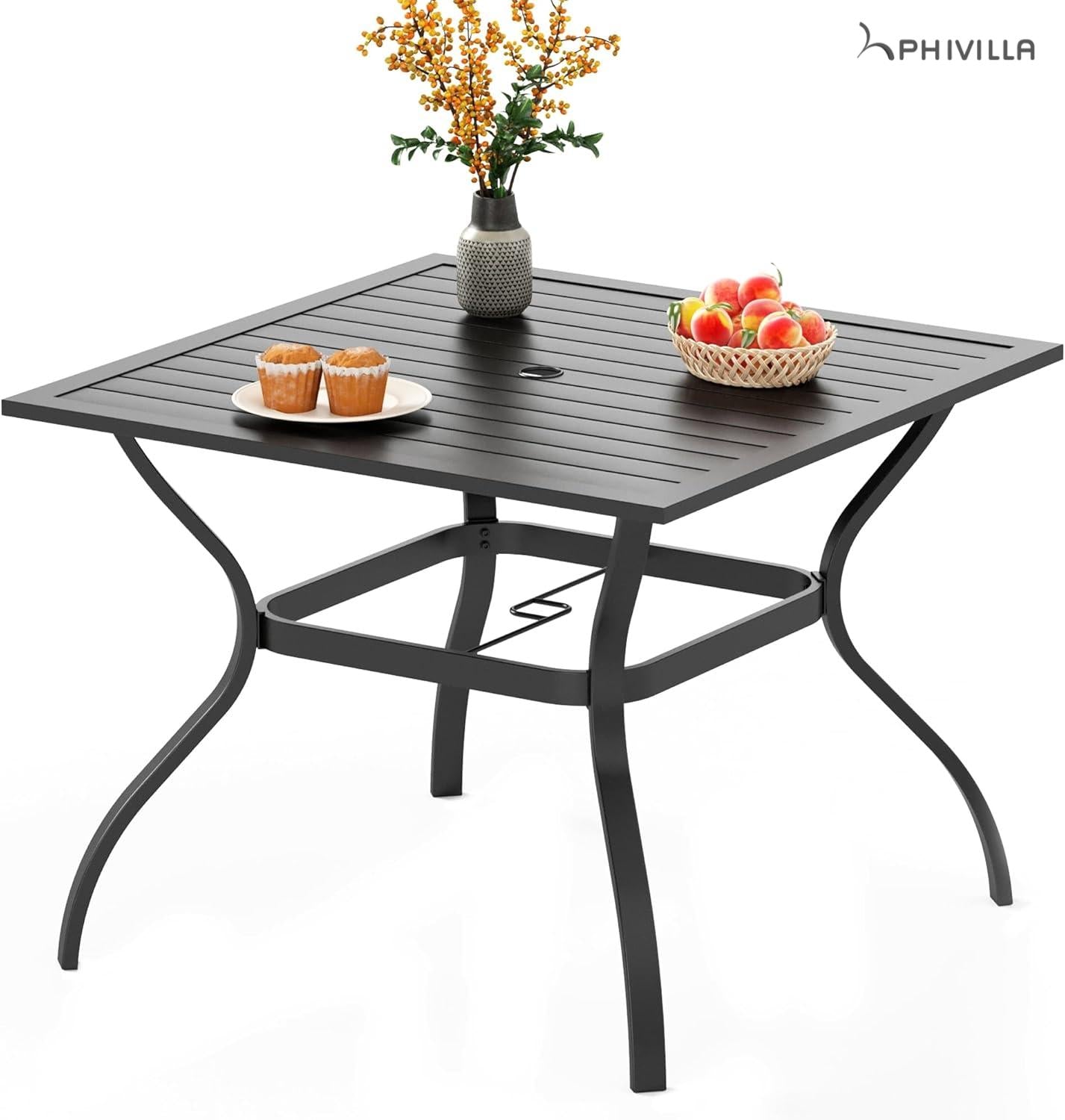 PHIVILLA 37 Inch Outdoor Dining Table Metal Steel Slat Square Patio Dining Table with 1.57" Umbrella Hole for Garden, Backyard and Porch (Classic Black)