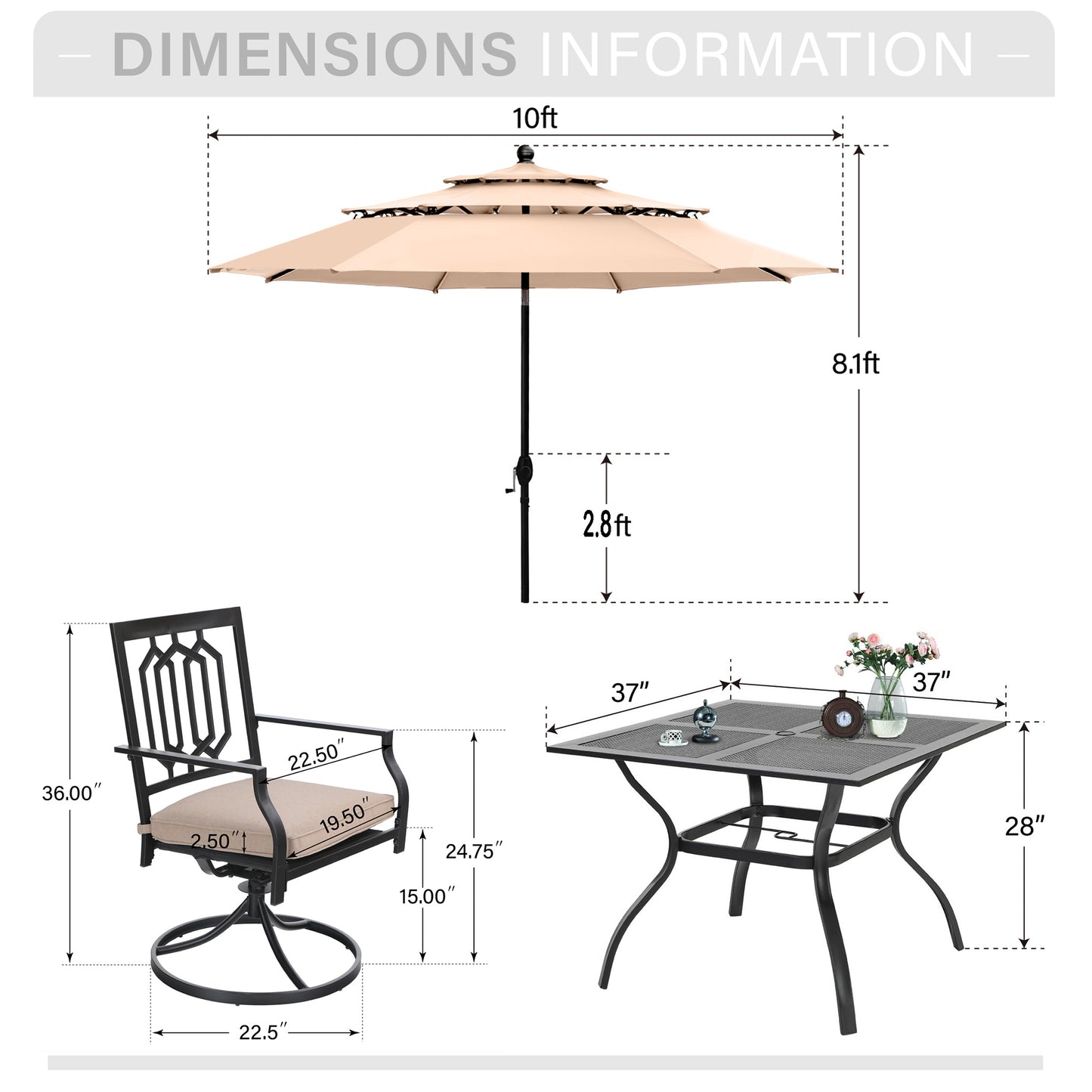 Captiva Designs 6pc Outdoor Patio Steel Dining Table & Swivel Metal Chairs & Market Umbrella