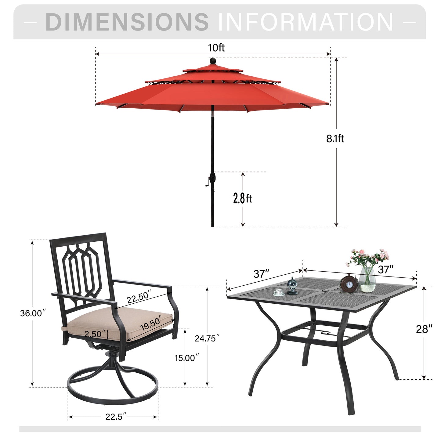 Captiva Designs 6pc Outdoor Patio Steel Dining Table & Swivel Metal Chairs & Market Umbrella